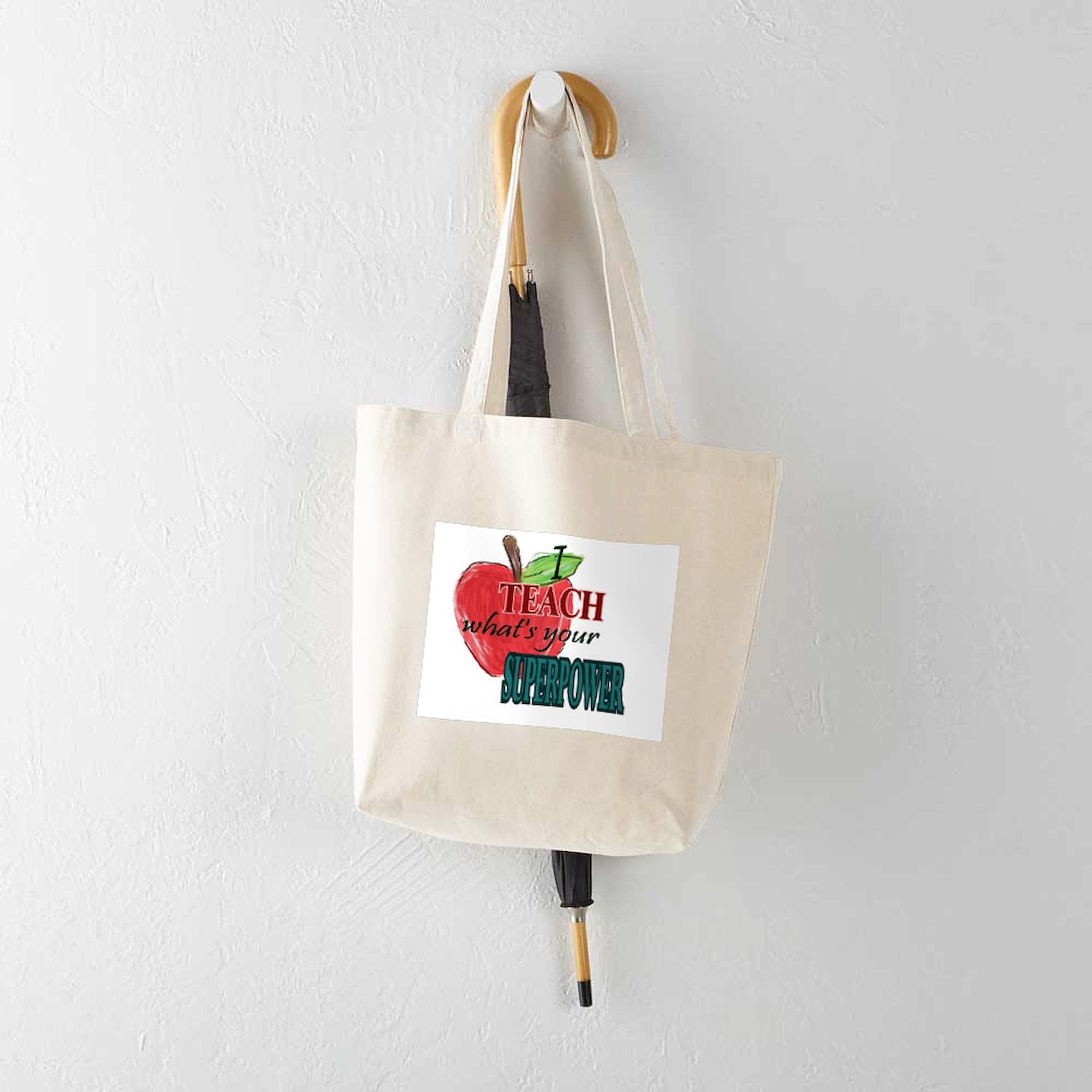 I Teach What's Your Superpower? Natural Canvas Tote Bag - Reusable Grocery Shopping Bag for Teachers, School, Work & Everyday Use