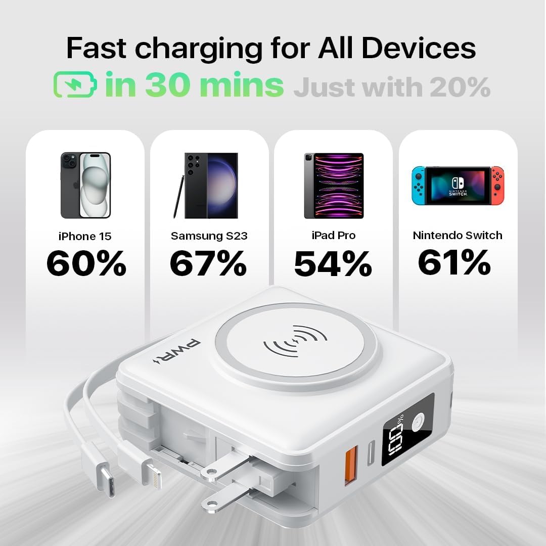 PWR Travel PRO 5-in-1 Power Bank with 10,000mAh Battery - 20W PD & 15W Wireless Fast Charging - Portable Charger for iPhone, Samsung, AirPods - Perfect for Travel, Camping & Emergency Power Backup (White)