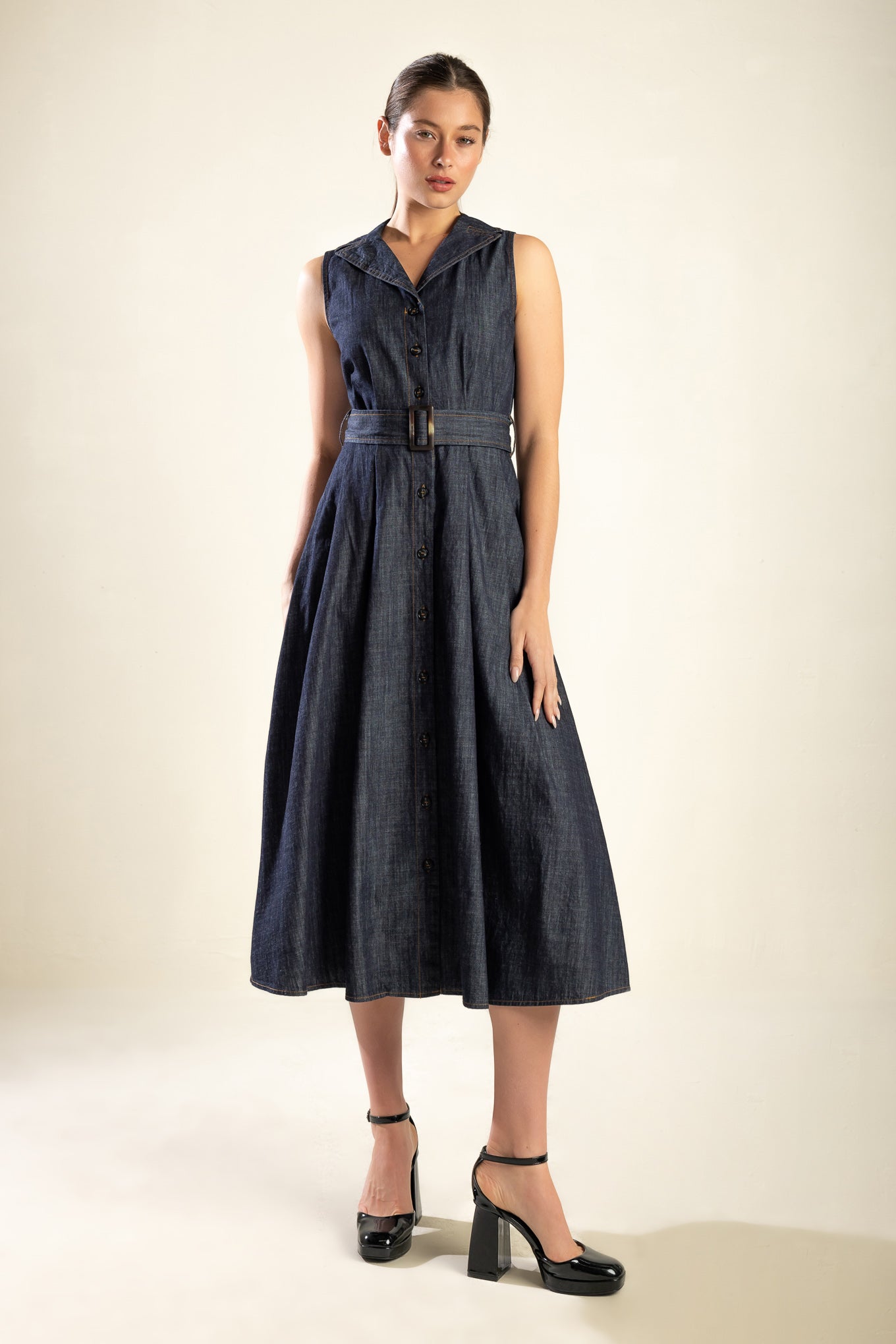 OASIS OF CALM Indigo A-Line Denim Midi Dress - Perfect for Casual Outings, Brunch Dates & Summer Fashion