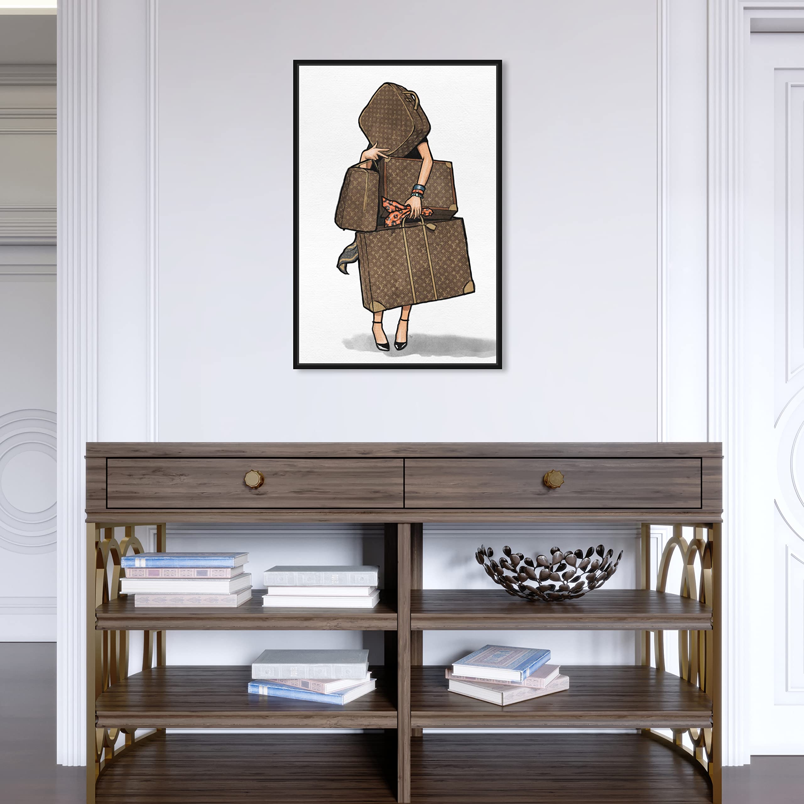 Oliver Gal Artist Co. Fashion & Glam Framed Wall Art Canvas Print - Orange Travel Bag Design, 16x24 Inch, Brown & White - Perfect for Home Décor, Office & Gift Giving