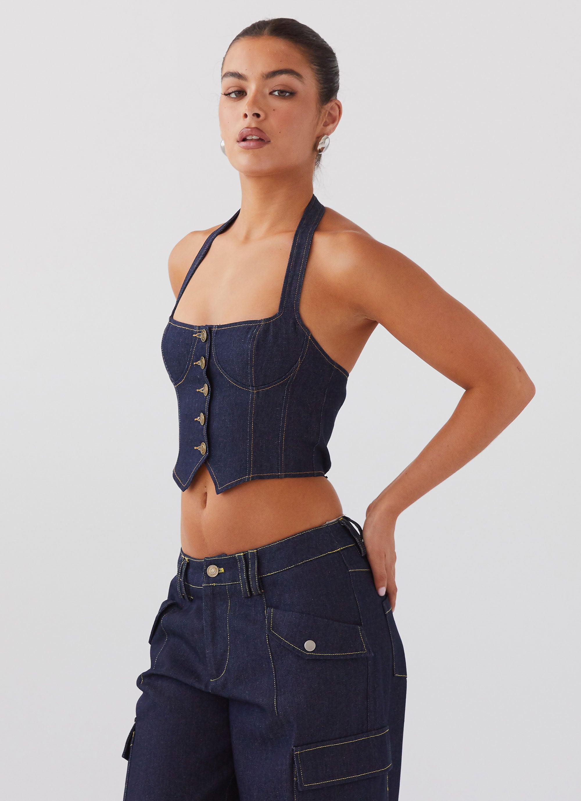 Avari Women's Halterneck Denim Vest in Indigo Blue - Stylish Casual Wear for Summer Outings and Music Festivals
