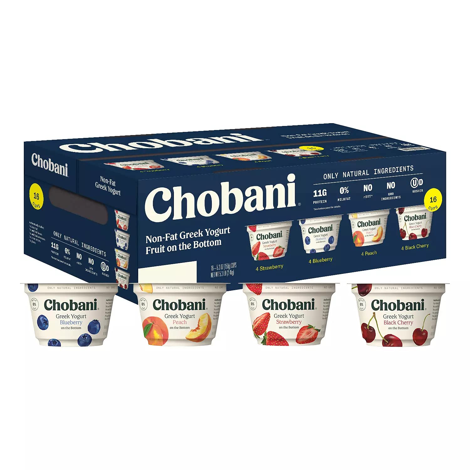 Chobani Nonfat Greek Yogurt Variety Pack with Fruit on Bottom - 4 Flavors: Strawberry, Blueberry, Peach & Black Cherry (32 Cups Total, 2 Packs of 16) - Healthy Snack for Breakfast, Lunch Boxes & Office Break