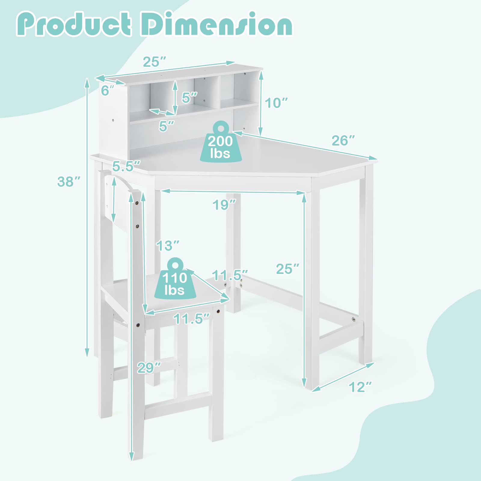 Costzon Kids Desk and Chair Set - White Study Table with Hutch for Small Spaces | Children's Bedroom & School Workstation | Space-Saving Computer Desk for Homework, Online Learning & Creative Activities