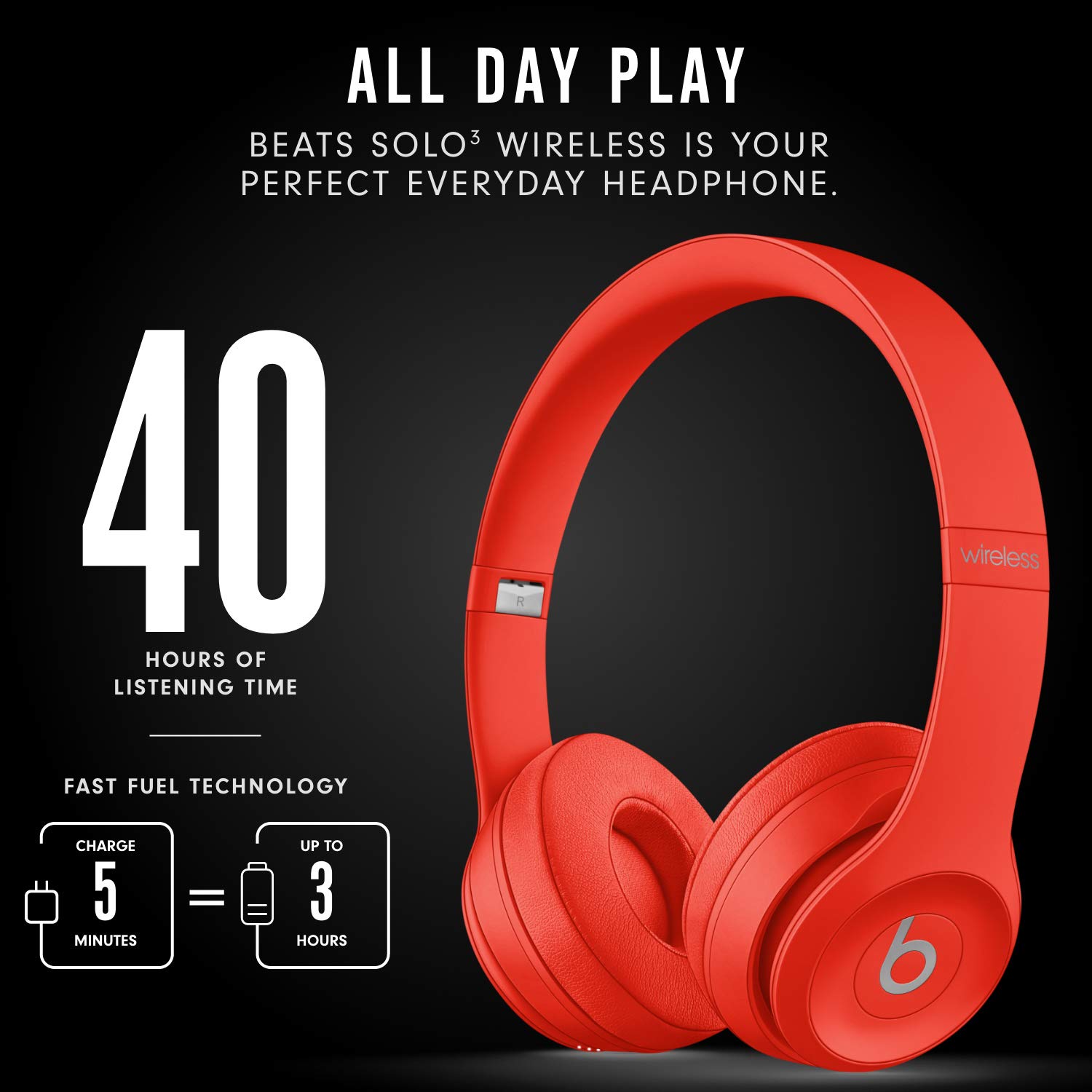 Beats Solo3 Wireless On-Ear Headphones with Apple W1 Chip - Bluetooth Headset, 40-Hour Battery Life, Built-in Mic - Red (Perfect for Gym, Travel & Music Lovers)