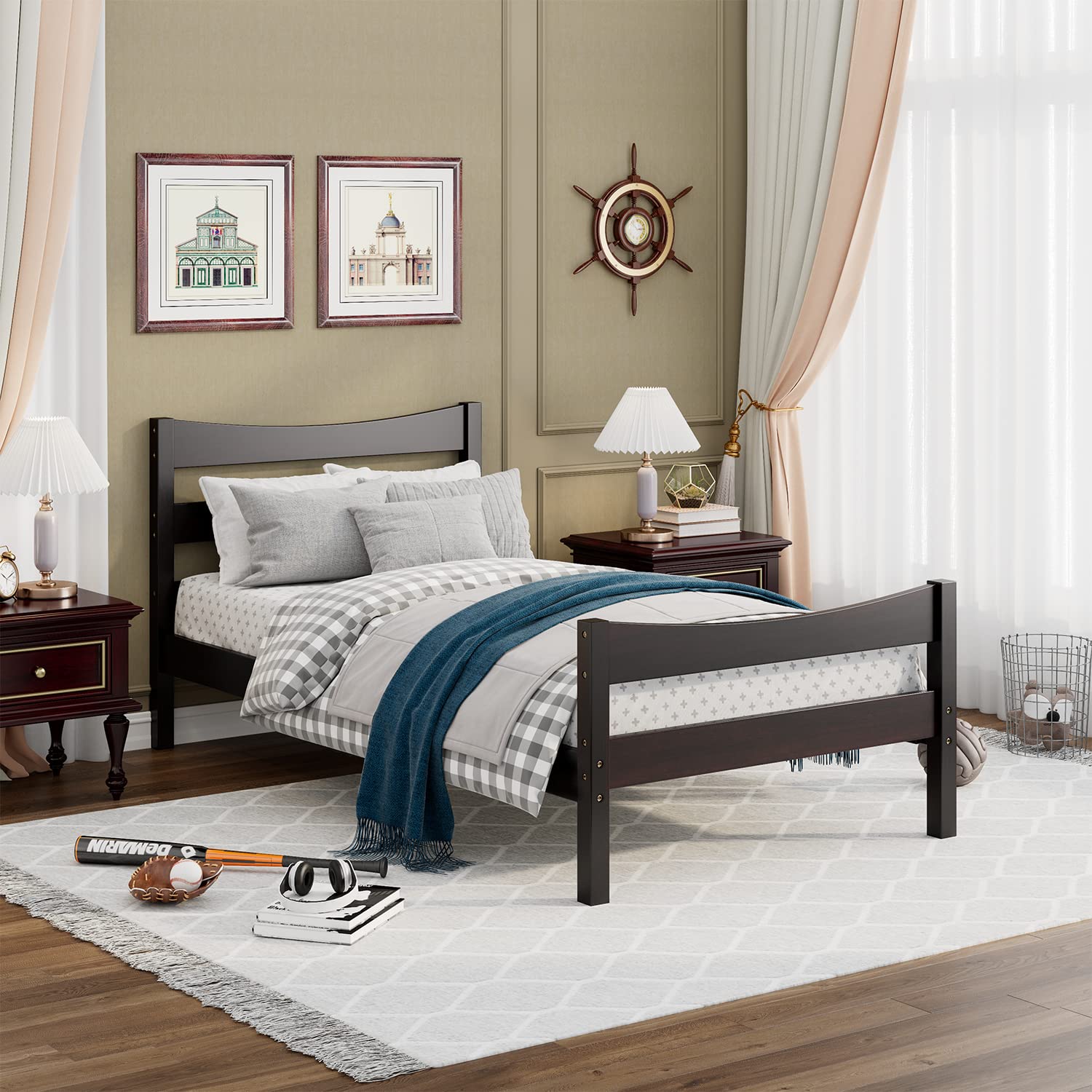 Twin Size Wooden Bed Frame with Headboard & Footboard - Solid Pine Platform Bed for Teens & Adults, No Box Spring Needed, Espresso Finish - Perfect for Kids' Rooms, Guest Bedrooms & Small Spaces