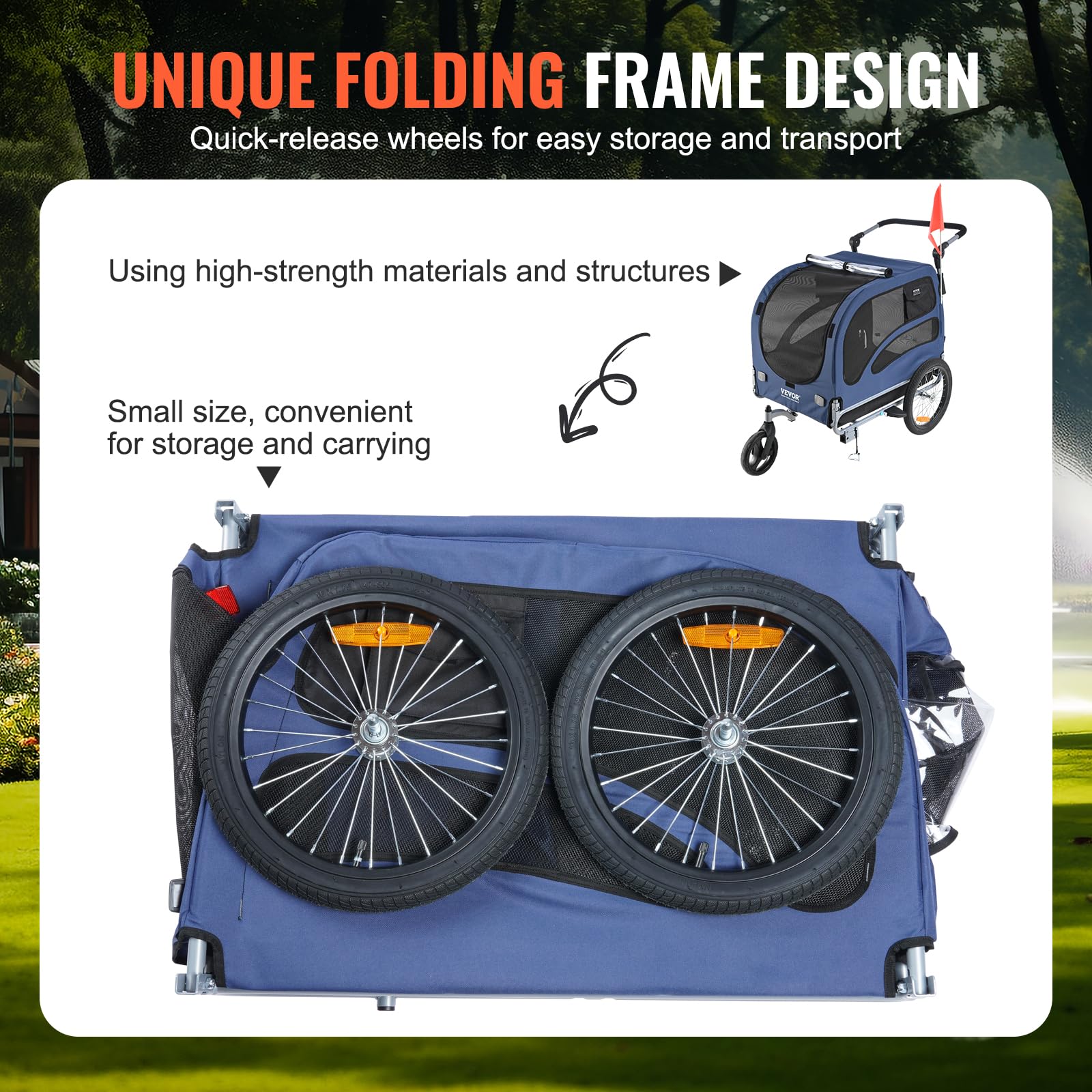 VEVOR 2-in-1 Dog Bike Trailer & Pet Stroller - 100 lbs Capacity, Foldable Bicycle Carrier with Quick Release Wheels, Universal Coupler, Safety Reflectors & Flag (Blue/Black) - Perfect for Cycling Adventures & Daily Walks with Your Pet