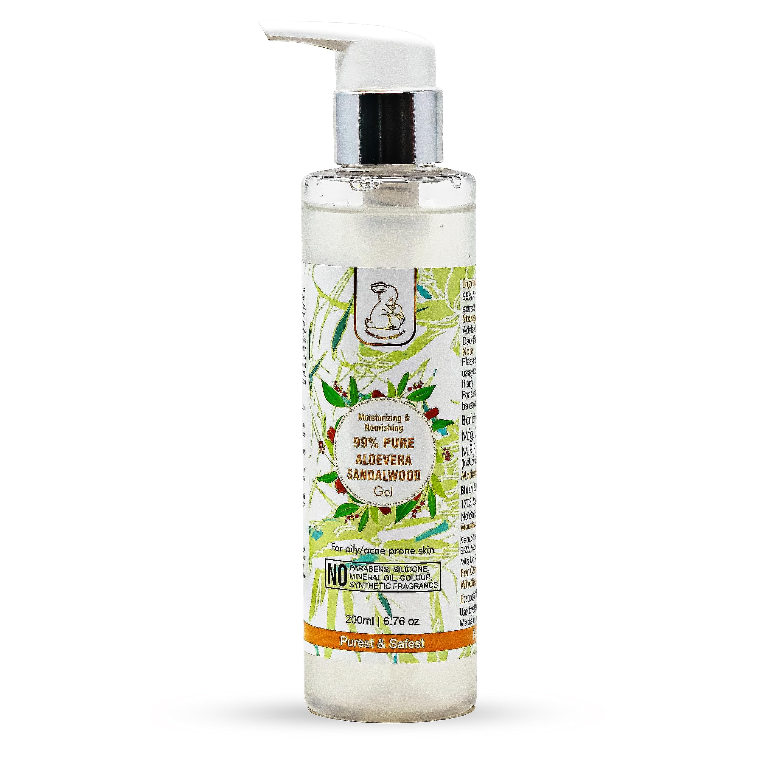 Blush Bunny Organics 99% Pure Aloe Vera & Sandalwood Gel for Oily, Acne-Prone Skin - 200ml (6.76 oz) | Soothing Face Moisturizer for Sensitive Skin, After Sun Care & Daily Hydration