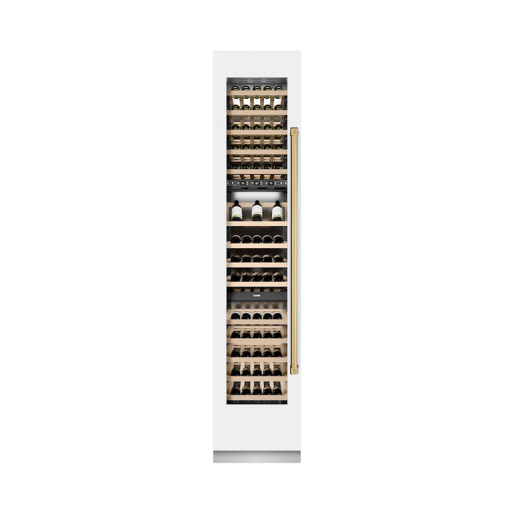 ZLINE Autograph Edition 18 Inch 9.0 cu ft Triple Zone 68 Bottle Left Hinge Column Wine Cooler - White Matte with Polished Gold Accents (RCWVLZ WM 18 G) | Perfect for Home Bars, Wine Cellars & Entertaining Spaces