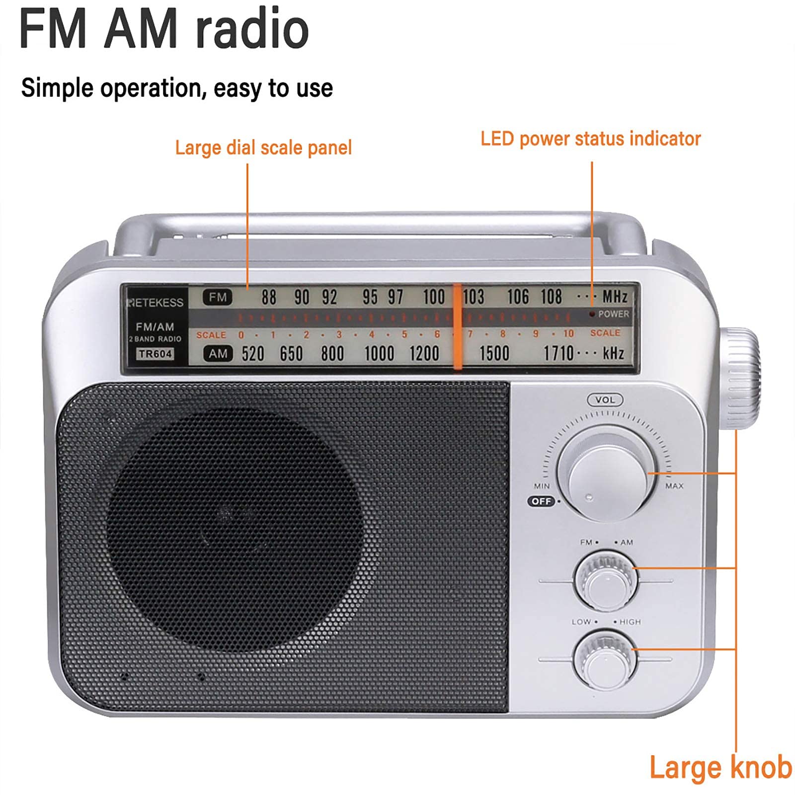 Retekess TR604 Portable AM FM Radio with Earphone Jack - Battery or AC Powered Boombox for Home, Office, Outdoor & Emergency Use (Silver)
