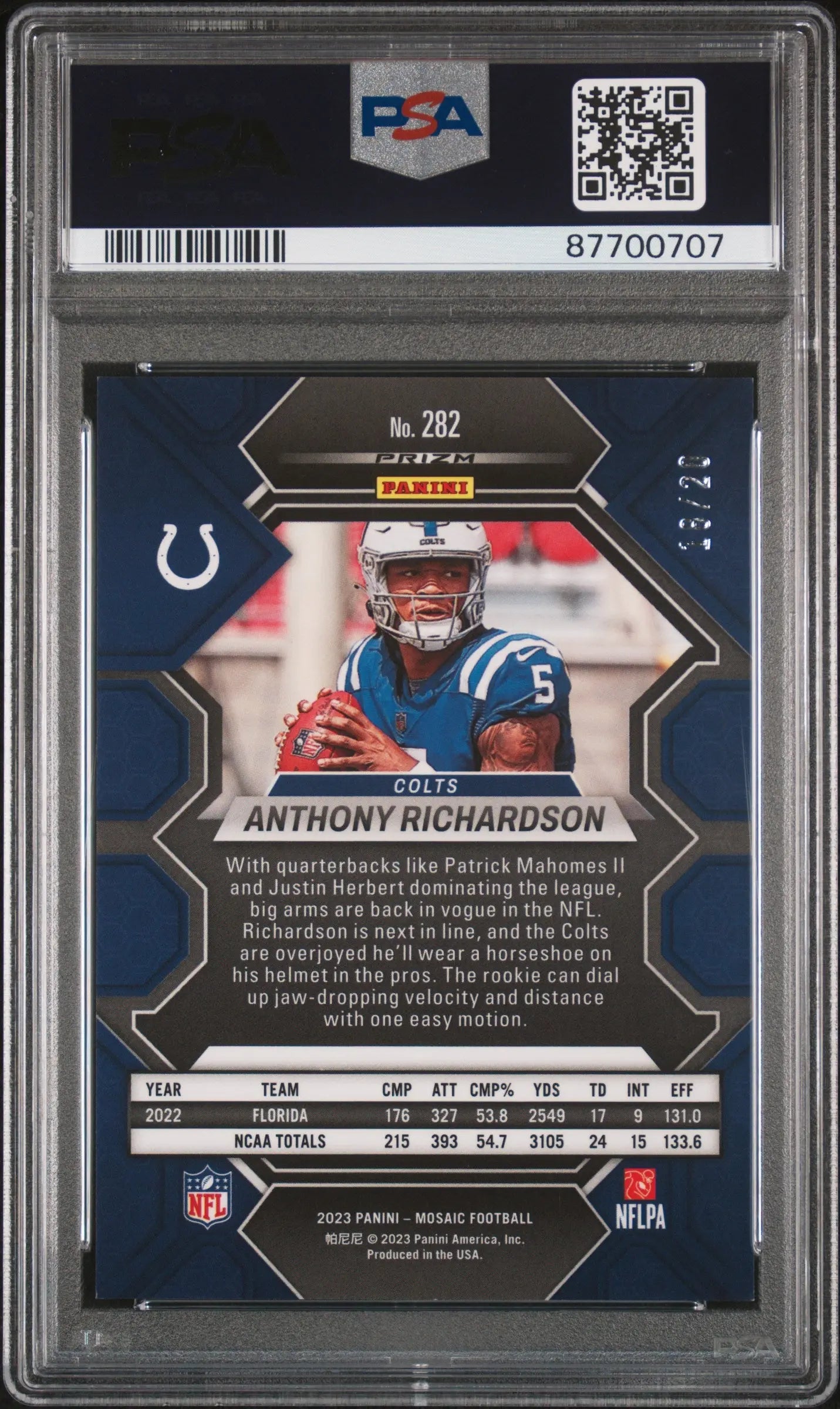 2023 Panini Mosaic PSA 10 Anthony Richardson Rookie Card Pink No Huddle /20 #282 - Rare Football Collectible for Sports Fans & Card Investors