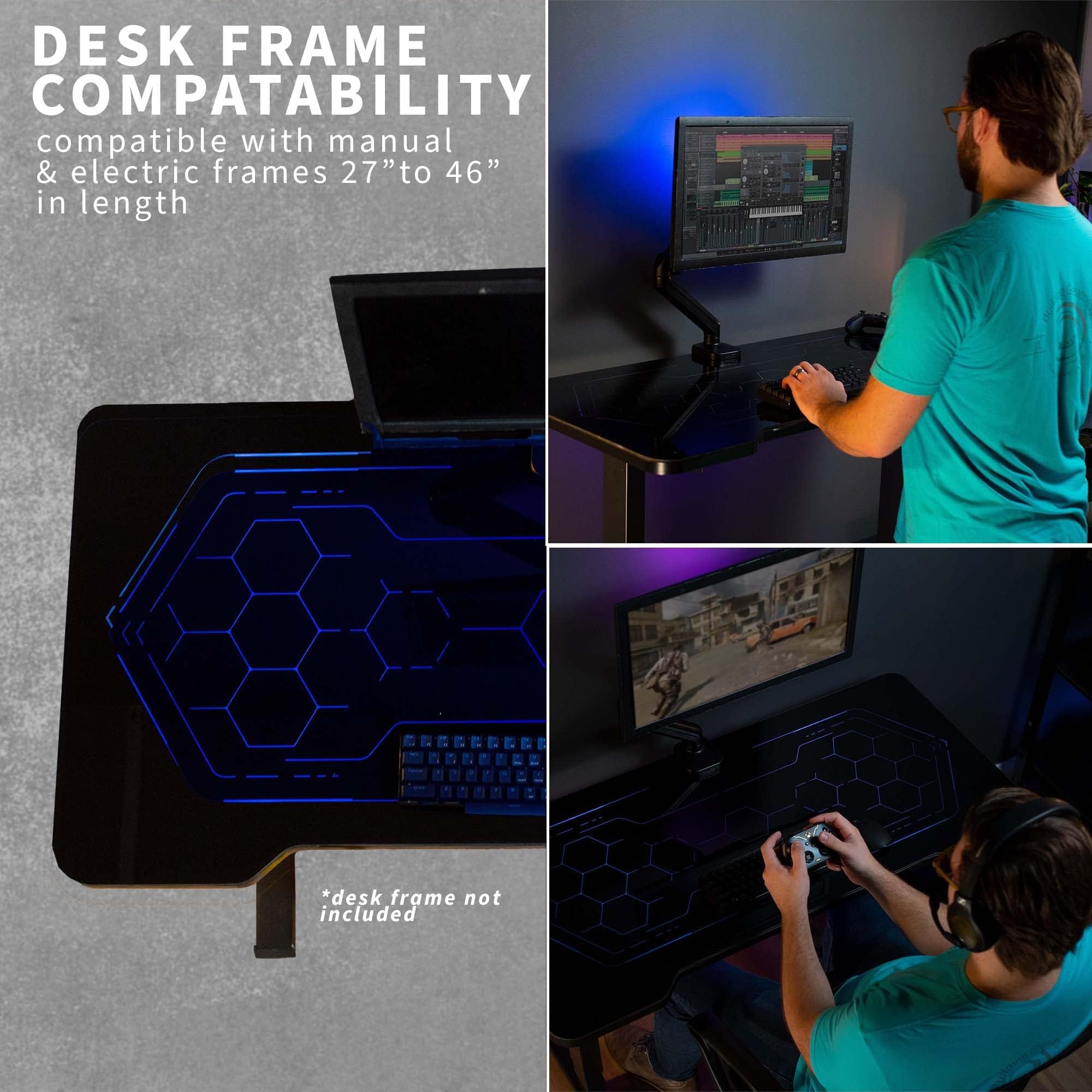 VIVO 48 x 24 Inch Tempered Glass Gaming Desk with RGB Geo-Honeycomb LED Lights - Adjustable Height Computer Desk for Gamers & Workstations, Black (DESK-TOP48BG) | Perfect for Home Office, Streaming Setup & Esports Gaming