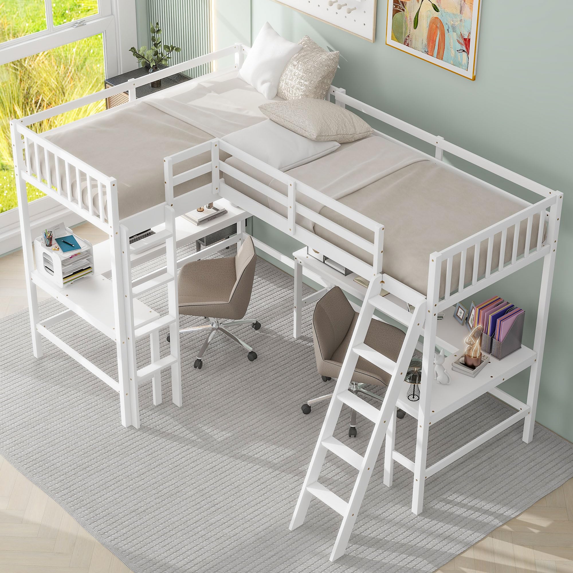 Merax White Wood Twin Size L-Shaped Loft Bed with Ladder & 2 Built-in Desks - Space Saving Bunk Bed for Kids & Teens - Perfect for Small Bedrooms, Dorms & Studio Apartments