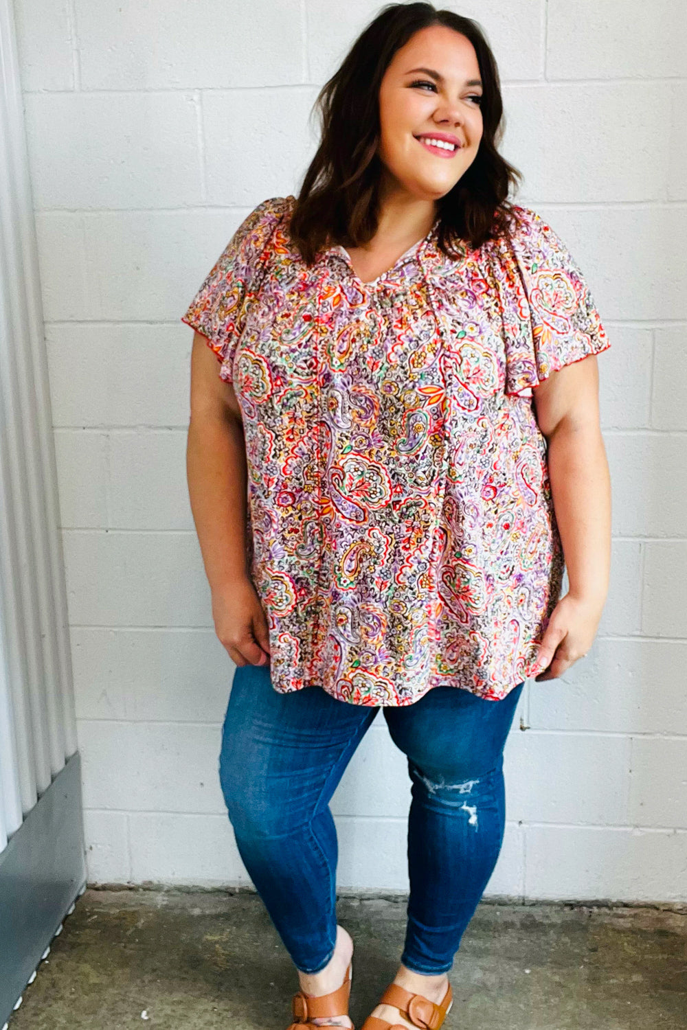 Boho Paisley Print Dolman Top with Tie Neck - Plum & Multicolor Floral Blouse for Women | Perfect for Casual Outings, Music Festivals & Beach Vacations
