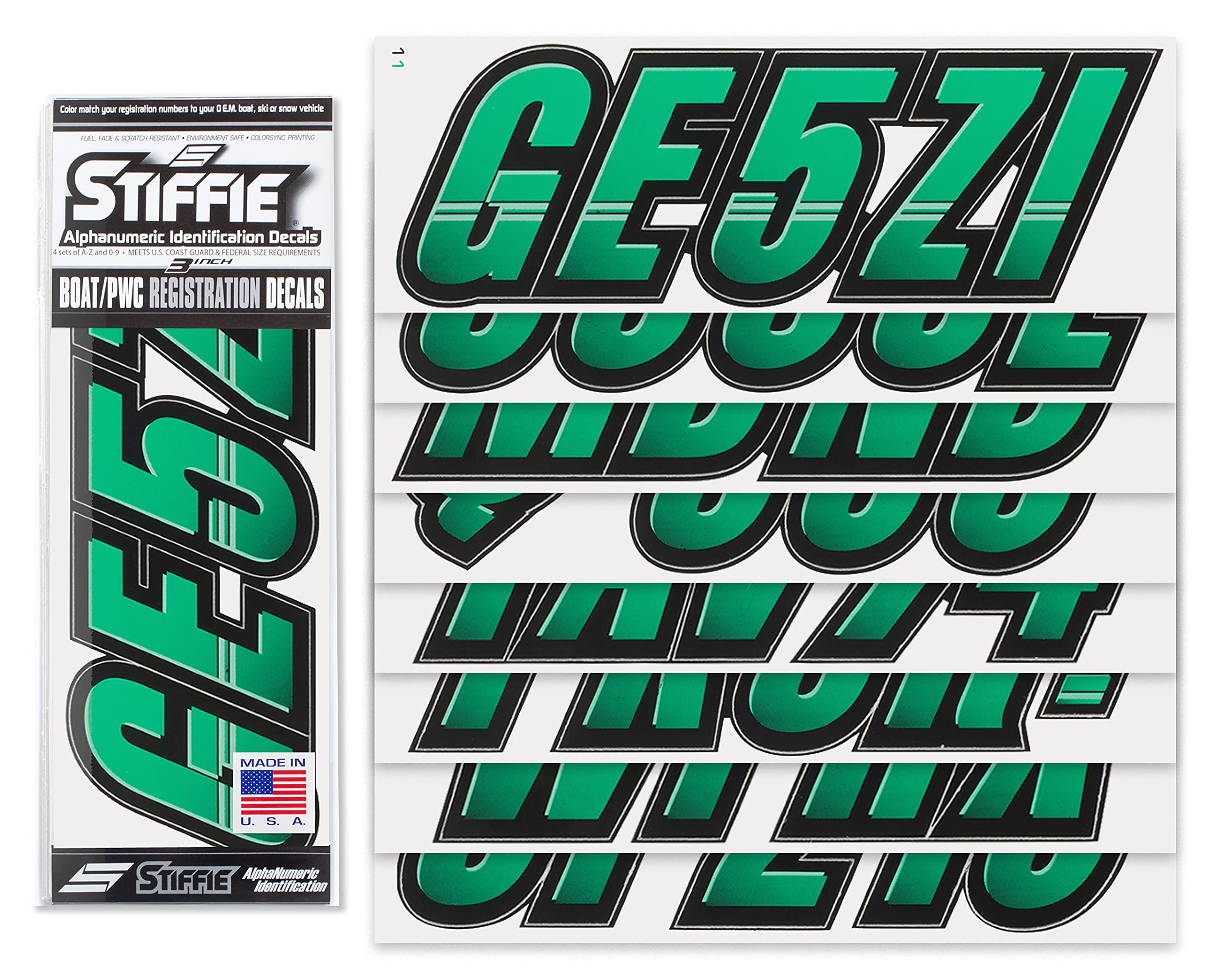 STIFFIE Techtron Seafoam Green & Black 3 Inch Boat Registration Decals - Waterproof Vinyl Numbers & Letters Stickers for Boats, PWCs, Kayaks, and Marine Vehicles - Perfect for Boat Registration, Identification, and Customization