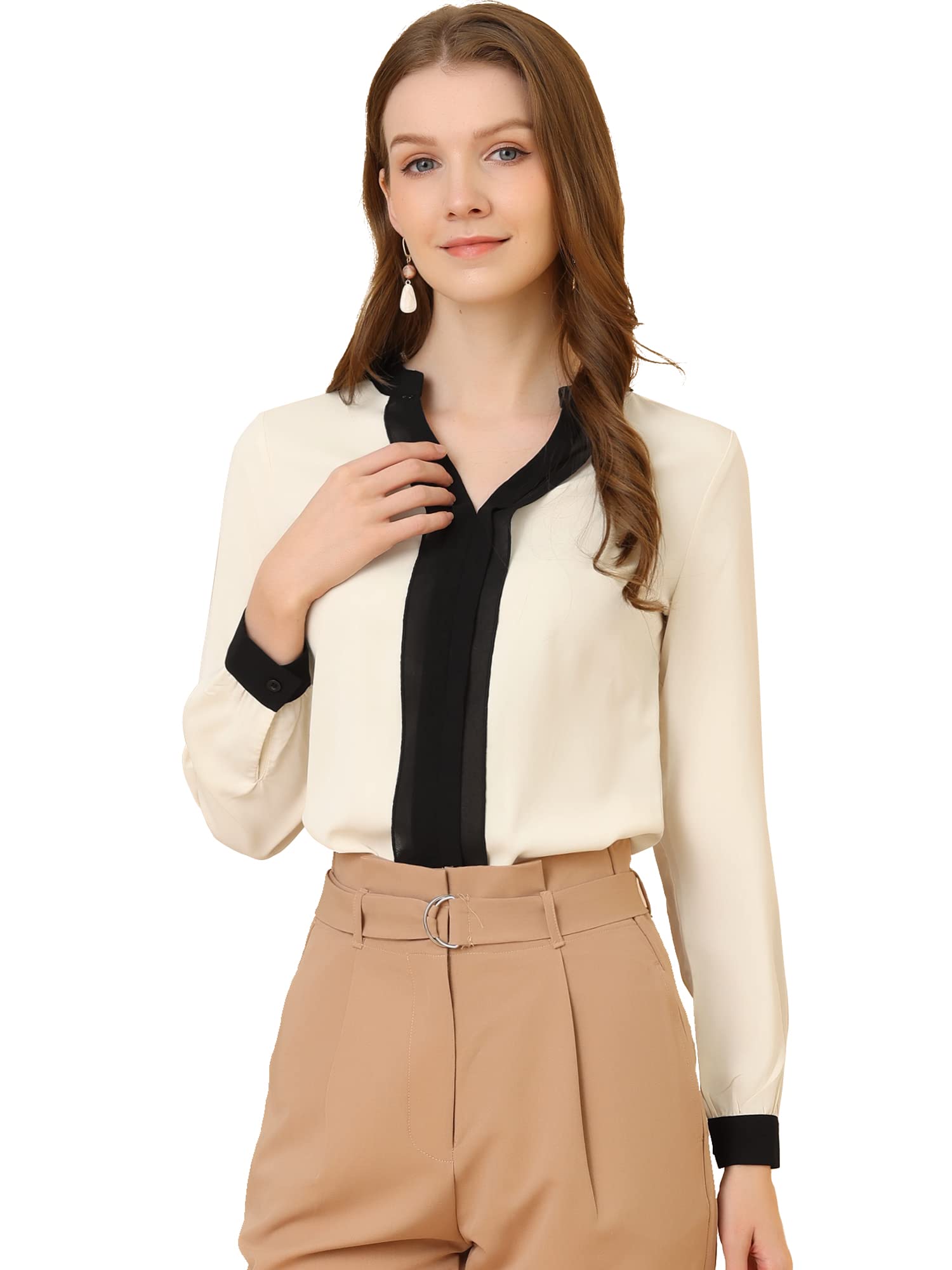 Allegra K Women's Split Neck Pleated Front Blouse - Professional Office Work Tops with Contrast Color Details | Business Casual & Formal Wear for Women