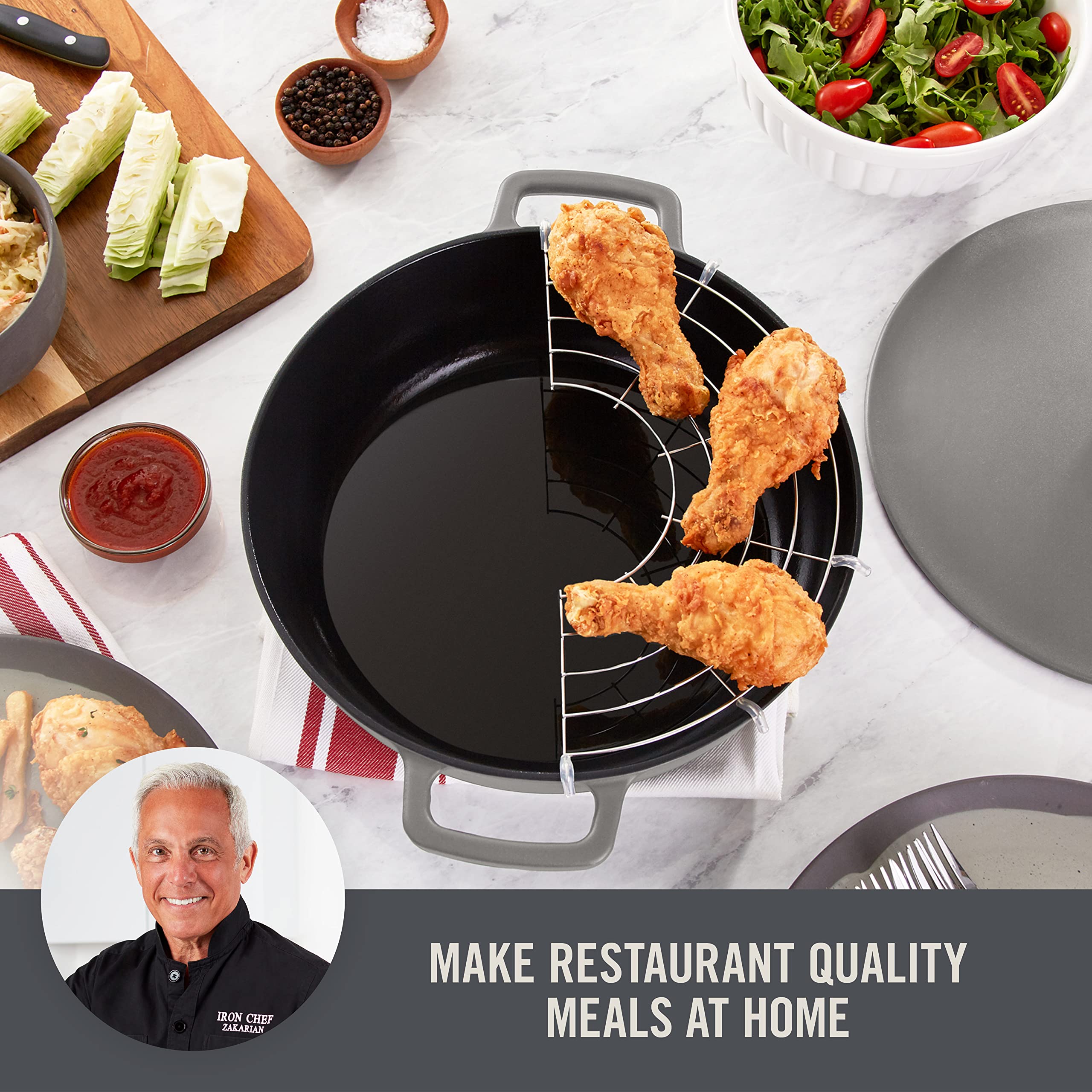 DASH Zakarian by Dash 4.5Qt Nonstick Cast Iron Braiser Pan - Grey Cookware for Braising, Frying, Roasting & Baking | Perfect for Stovetop, Oven & Grill Use