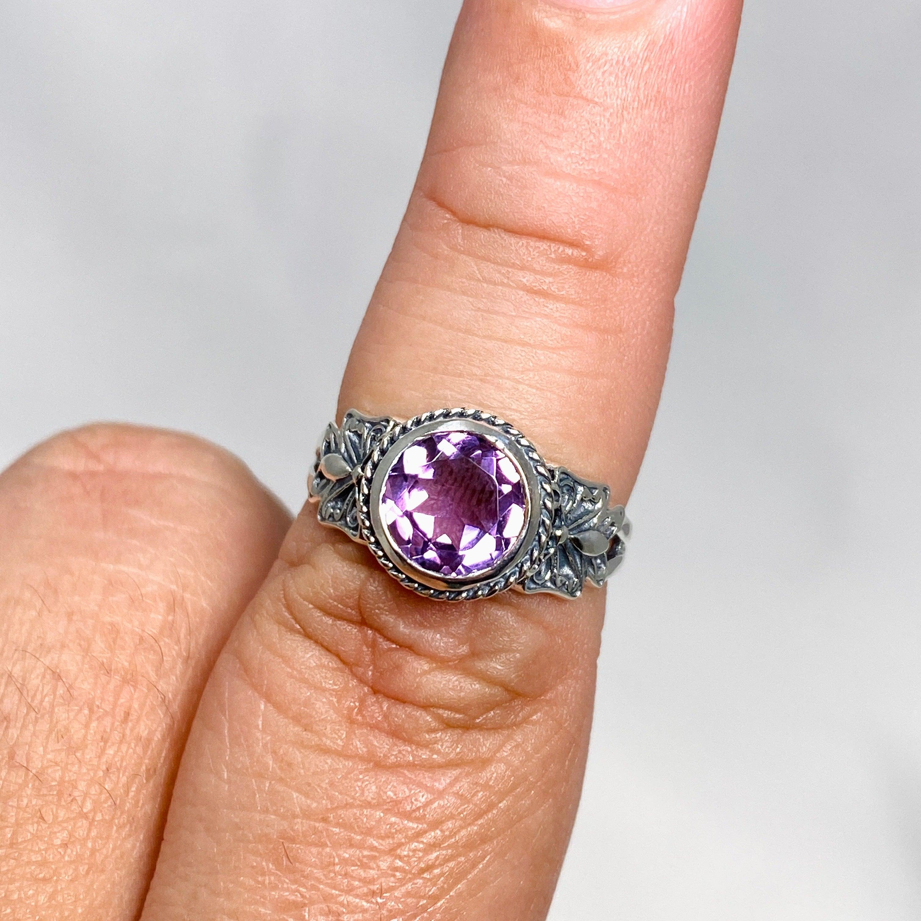Amethyst Faceted Round Ring in Decorative Setting R3671 - Elegant Jewelry for Women, Perfect for Weddings, Parties & Gifts