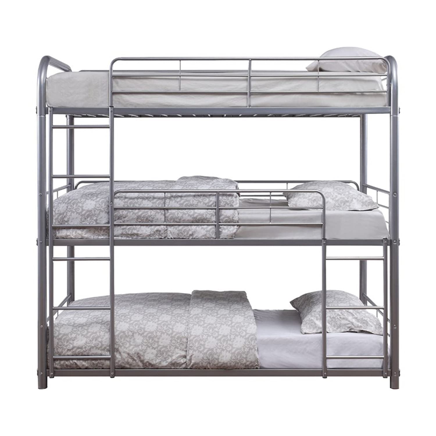 Sturdy Metal Triple Bunk Bed - Twin Over Full with Attached Loft Bed Frame | Safe Design with Ladders & Guardrails for Kids, Teens & Adults | Space-Saving Solution for Dorms, Guest Rooms & Small Apartments (Silver)