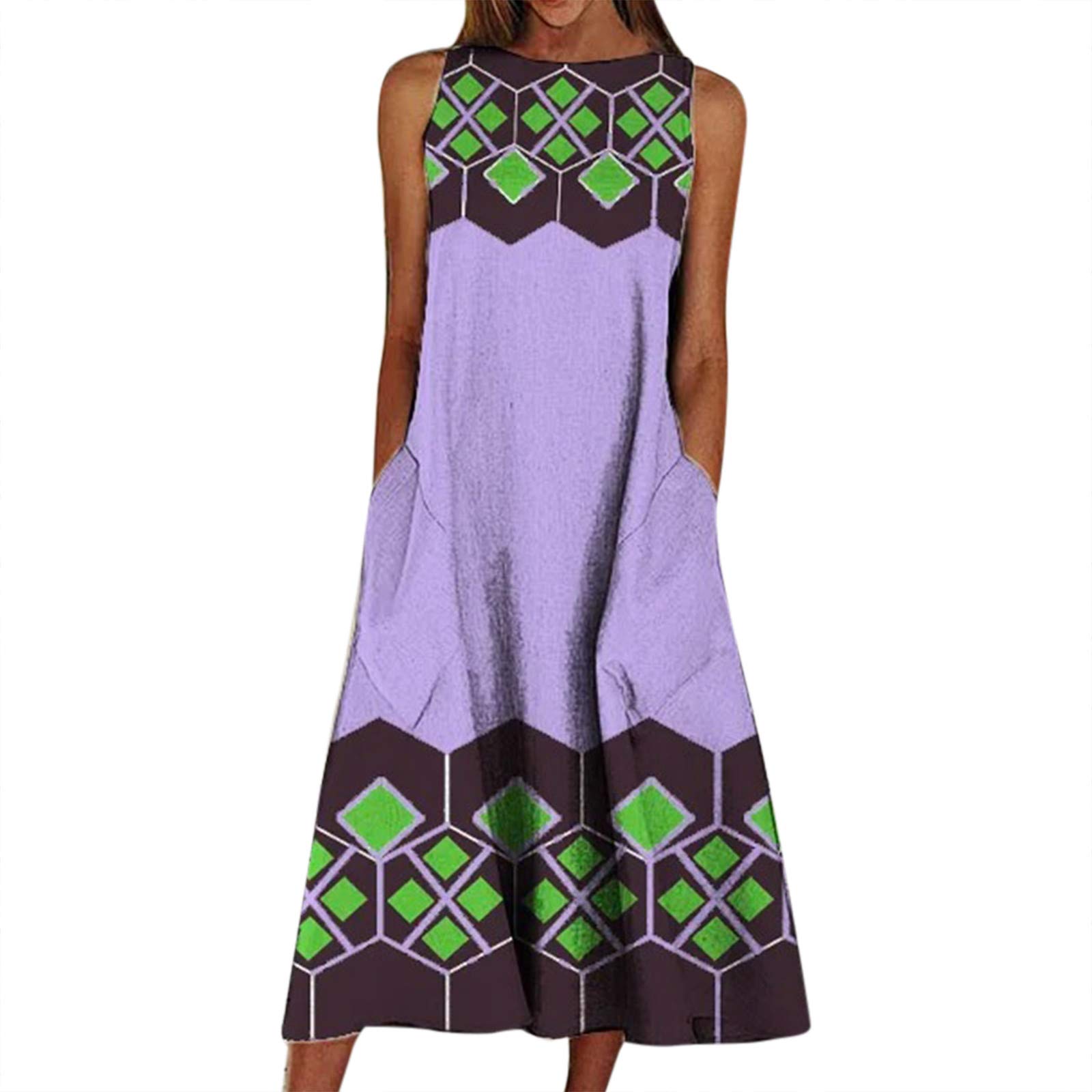 Women's Round Neck Swing Maxi Dress with Pockets - Floral Summer Beach Holiday Dress - Moon White Flowy Casual Dress for Vacation, Party & Outdoor Events