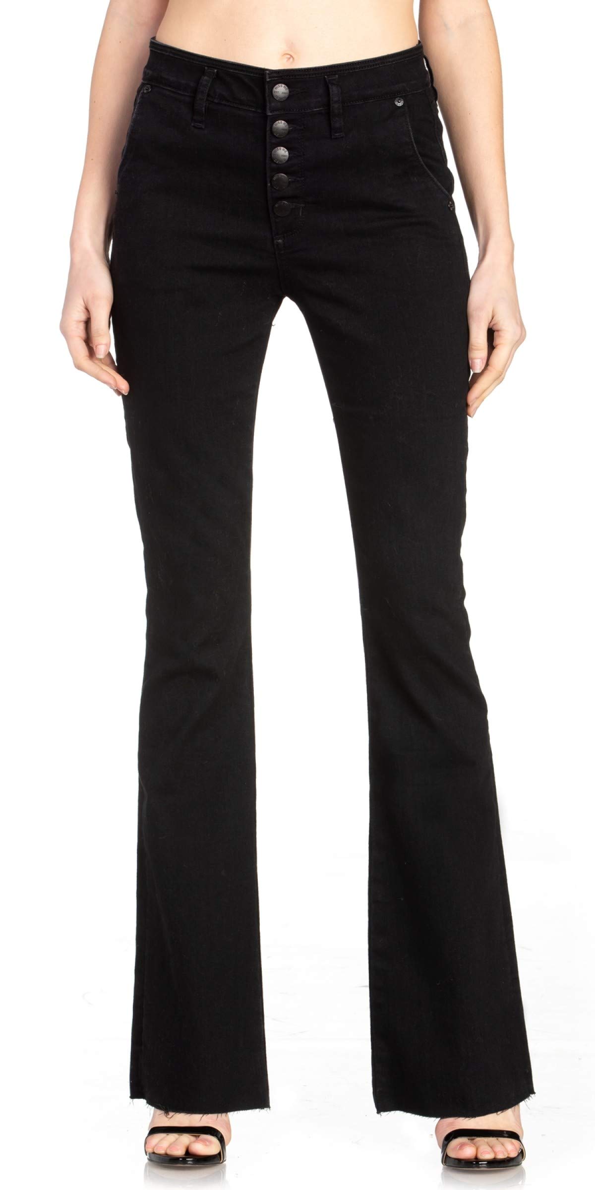 Miss Me Black Denim Flare Jeans H1039F2B01 for Women - High Waisted Stretch Bootcut Jeans with Rhinestone Embellishments | Perfect for Casual Wear, Date Nights & Office Outfits