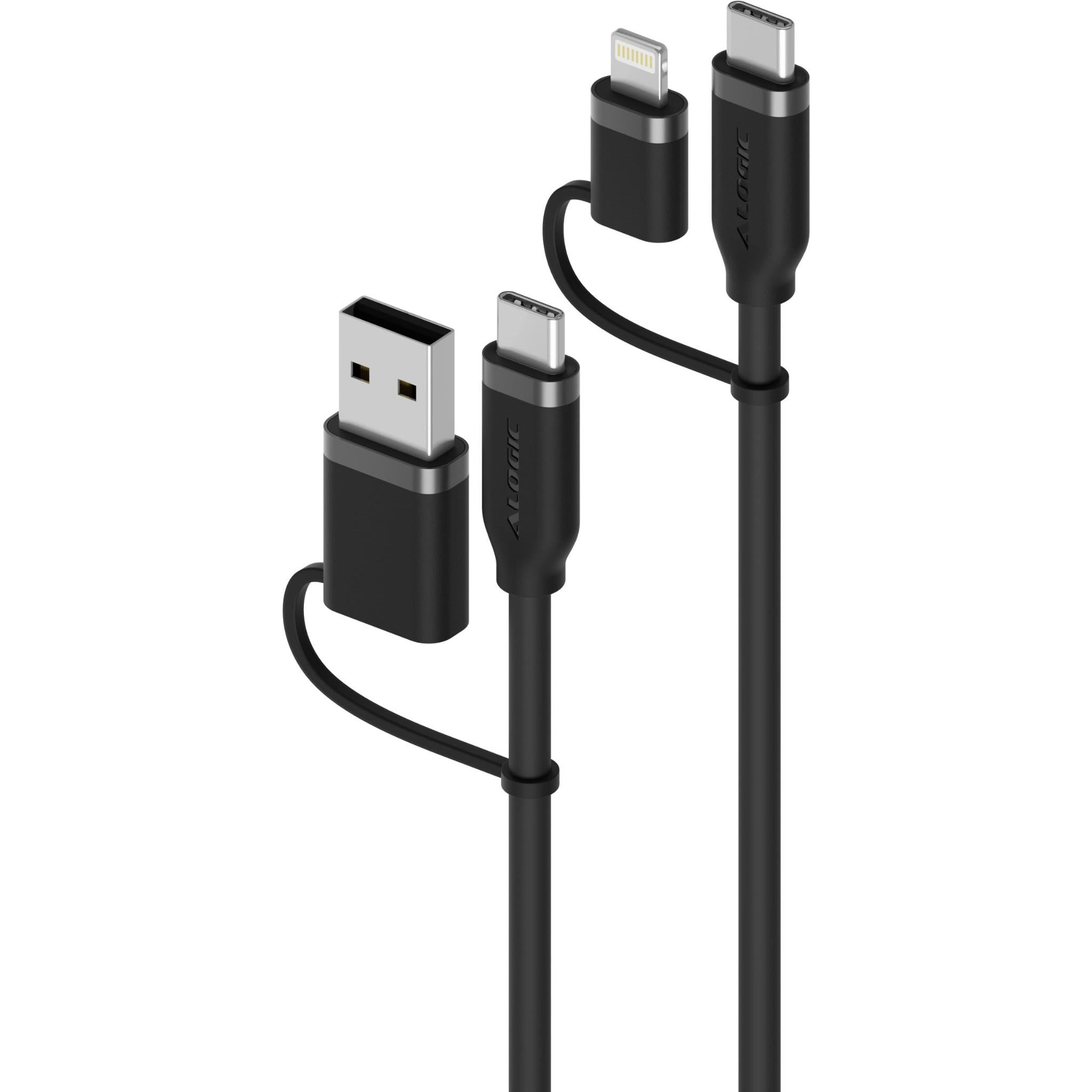 ALOGIC Elements Silicone Archer 4-in-1 100W Fast Charging USB 2.0 Cable - 1.5m Braided Charger Cord for iPhone, Android, iPad, MacBook (Black) - Perfect for Home, Office & Travel Charging