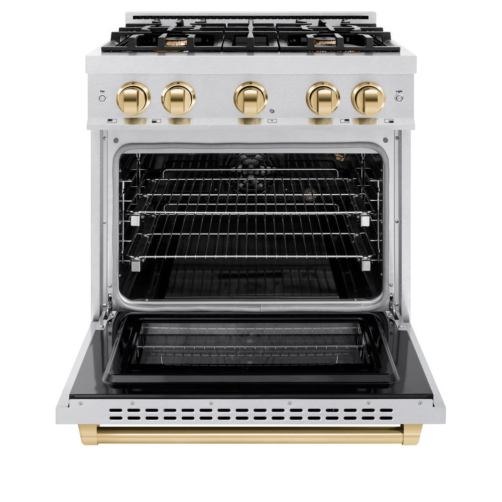 ZLINE Autograph Edition 30 Inch 4.2 cu ft Gas Range - 4 Burner Cooktop & Convection Oven in Satin Stainless Steel with Gold Accents (HGRSZ 30 G) - Perfect for Modern Kitchens & Professional Cooking