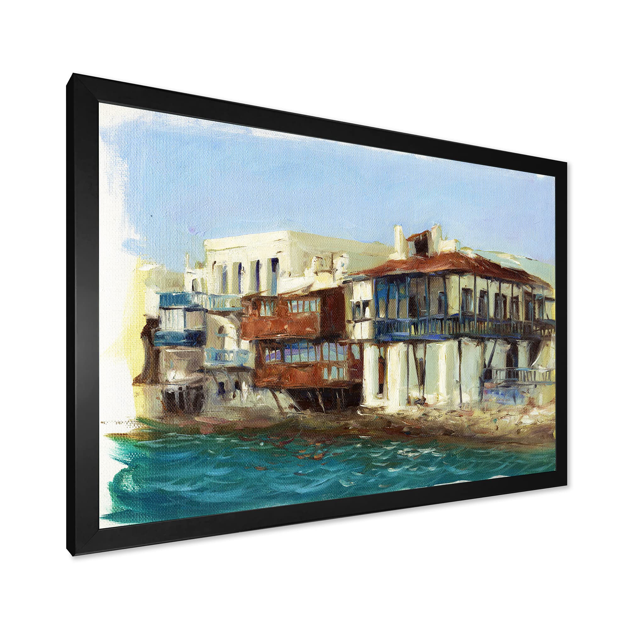 DesignQ Framed Wall Art - Old Houses in Mykonos Greece, Nautical Coastal Decor, Blue 32x32 - Perfect for Beach House, Living Room & Office Decor