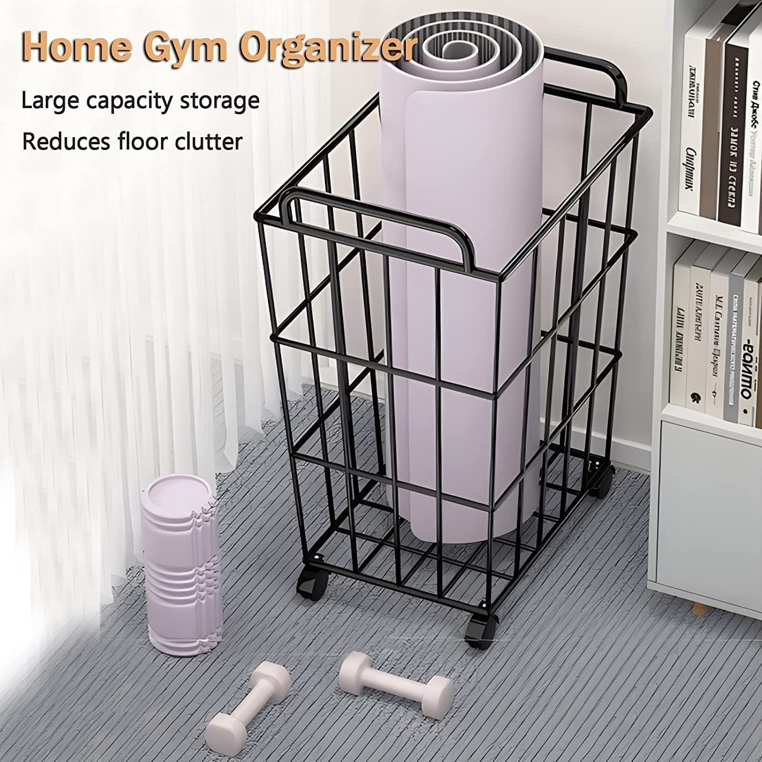Metal Yoga Mat Organizer Basket with Wheels & Handle - Floor Standing Yoga Mat Holder Storage Cart for Home Gym, Fitness Room & Yoga Studio - Portable Mobile Yoga Equipment Organizer for Easy Mat Storage & Transport