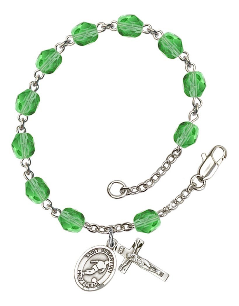 August Birthstone Beaded Rosary Bracelet with Saint Sebastian Soccer Charm - 7.5 Inch Catholic Jewelry for Women, Girls | Perfect for Baptism, First Communion & Soccer Player Gifts