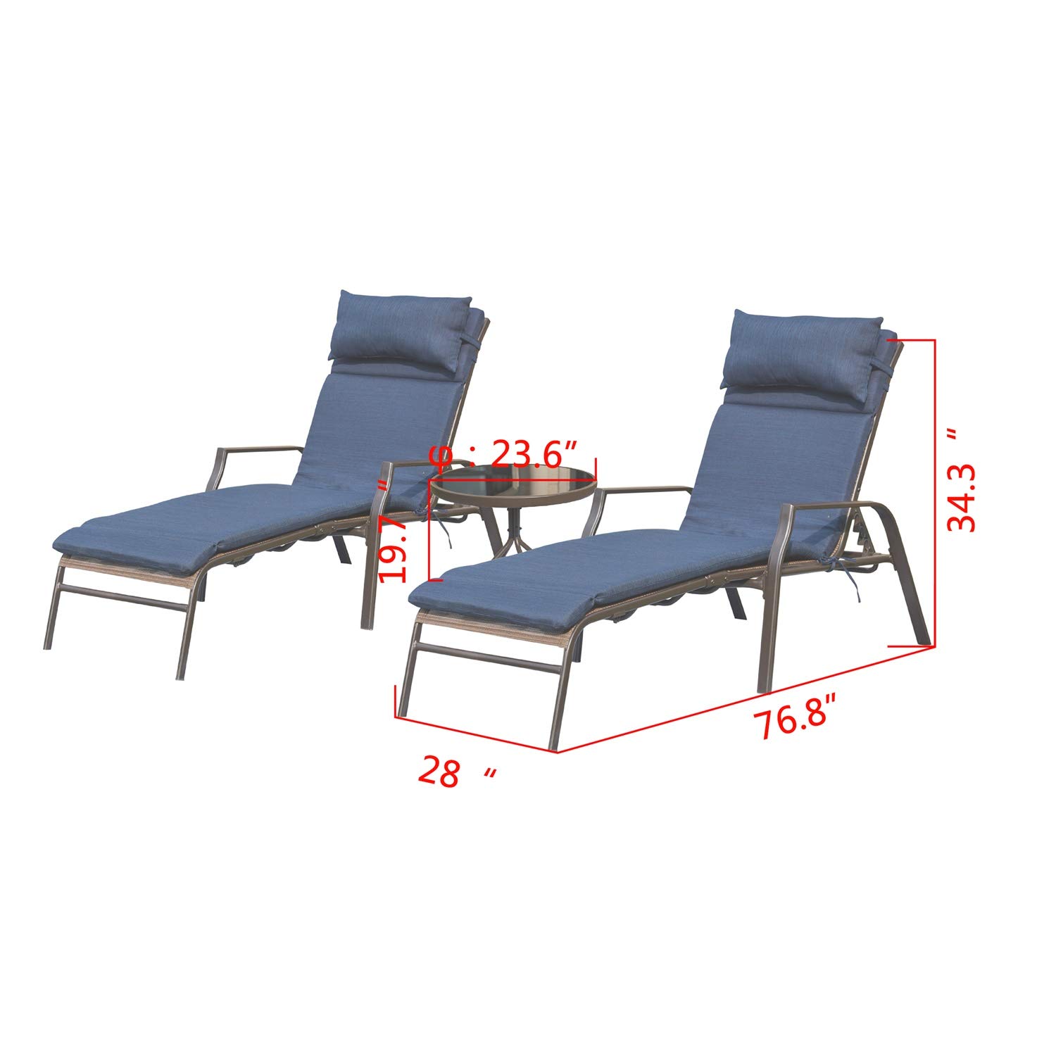 Premium Outdoor Lounge Chair Set - Adjustable Metal Patio Chaise Lounge with Folding Table (3-Piece, Blue) for Backyard, Poolside, Beach & Camping Comfort