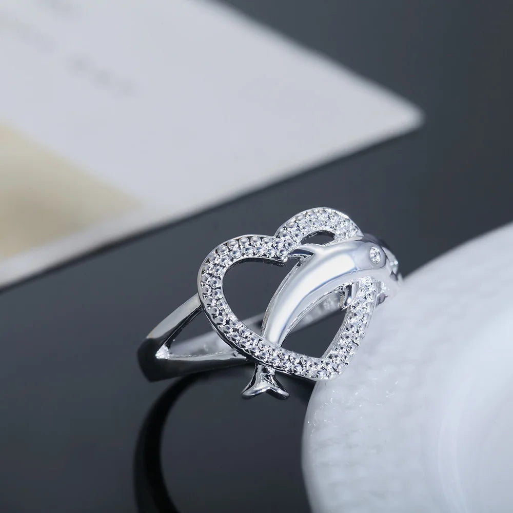 Dolphin Heart Ring - Sterling Silver Ocean Animal Jewelry for Women - Perfect Gift for Beach Lovers, Marine Life Enthusiasts & Nature-Inspired Fashion