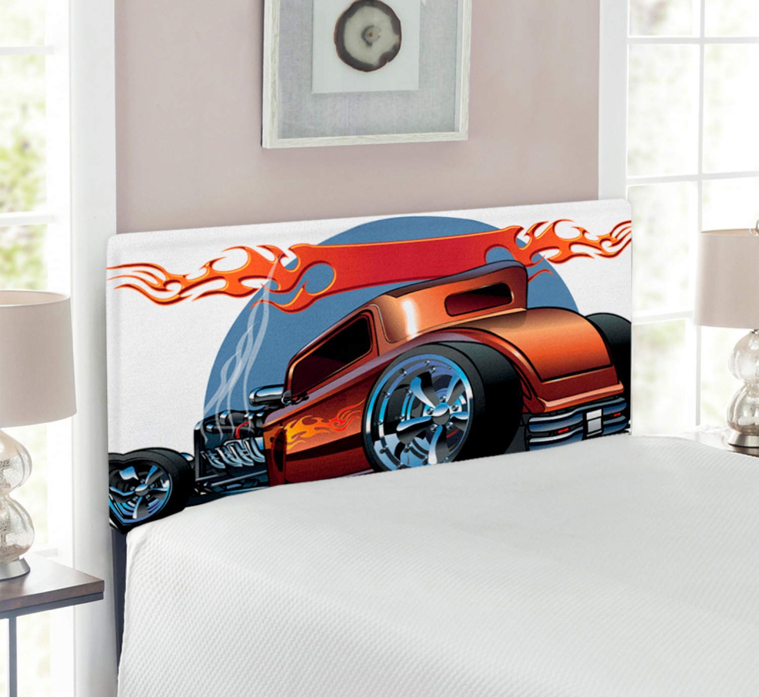 Ambesonne Vintage Cars Headboard - Custom Cartoon Hot Rod American Classic Design, Upholstered Metal Bed Headboard with Memory Foam for Twin Size Bed (Orange, Blue, Black) | Perfect for Kids' Room, Teen Bedroom & Car Enthusiast Decor