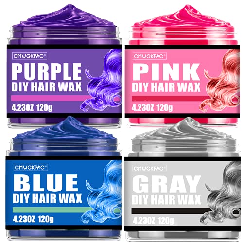 4 Color Temporary Hair Wax - Grey, Pink, Blue, Purple | Wash Out Hair Color for Men, Women & Kids | Fun & Easy DIY Styling for Parties, Halloween & Cosplay