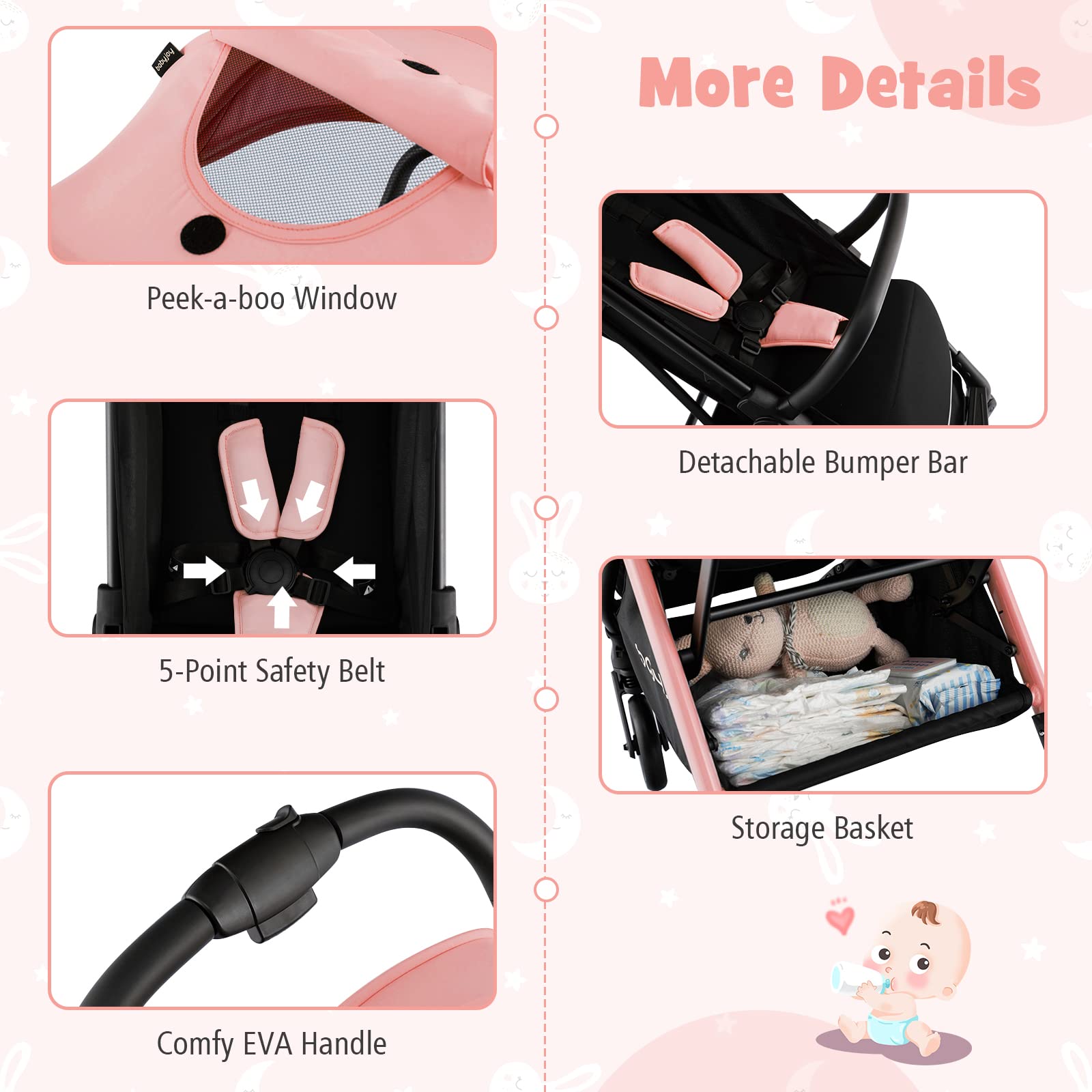 BABY JOY Lightweight Compact Travel Stroller for Airplane - Adjustable Canopy & Backrest, Storage Basket, Self-Standing Gravity Fold Aluminum Frame (Pink) | Perfect for Newborns, Infants & Toddlers - Ideal for Travel, Shopping & Daily Walks