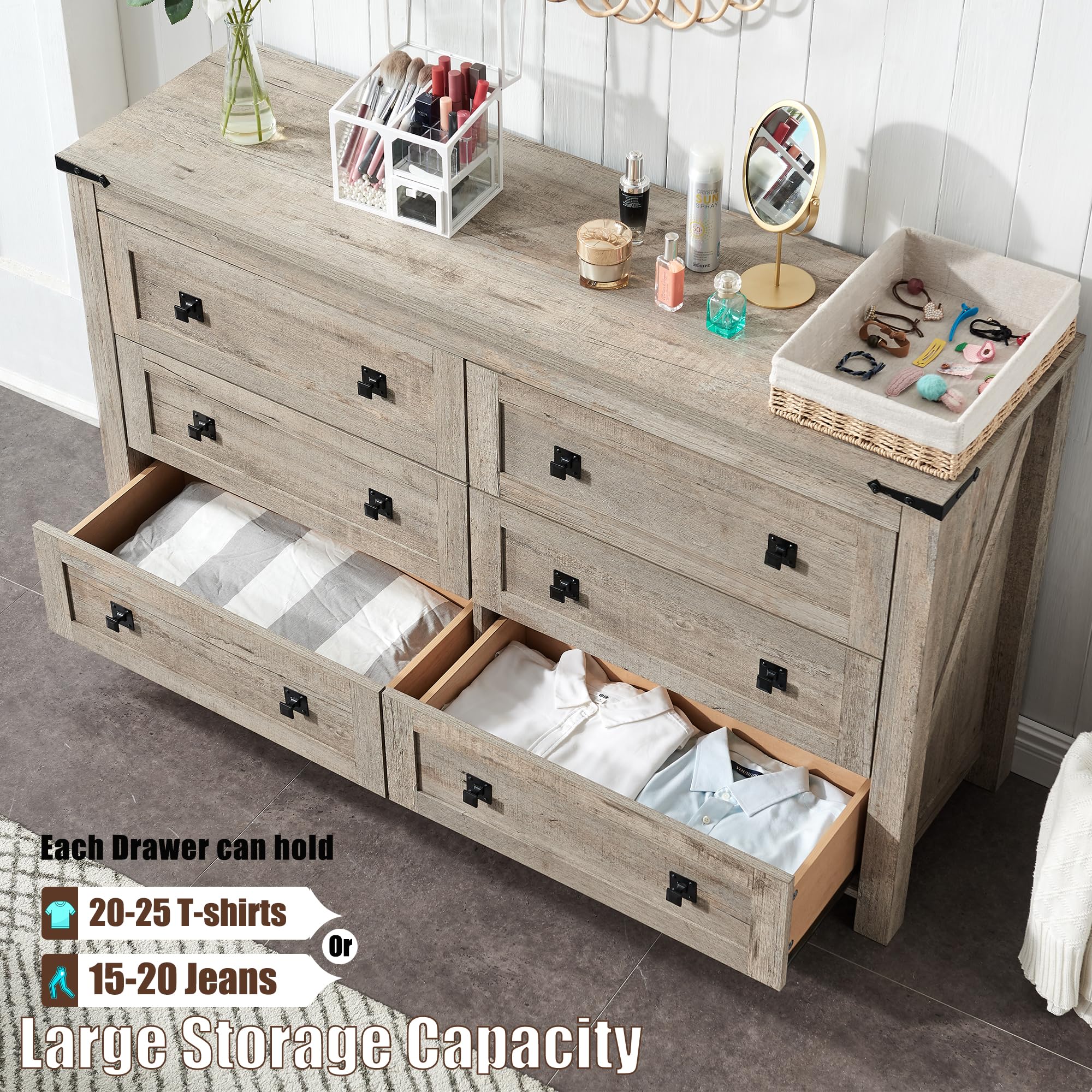 Farmhouse 6-Drawer Wood Dresser - Rustic Oak Storage Chest for Bedroom, Living Room & Hallway | Wide Drawer Organizer for Clothes, Linens & Home Decor
