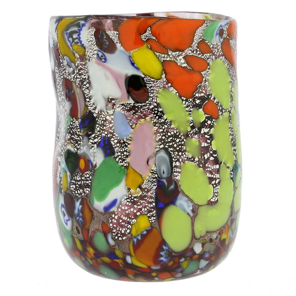 Venetian Murano Glass Drinking Cup - Handcrafted Silver Foil Millefiori Wine Glass for Elegant Dinner Parties & Home Decor