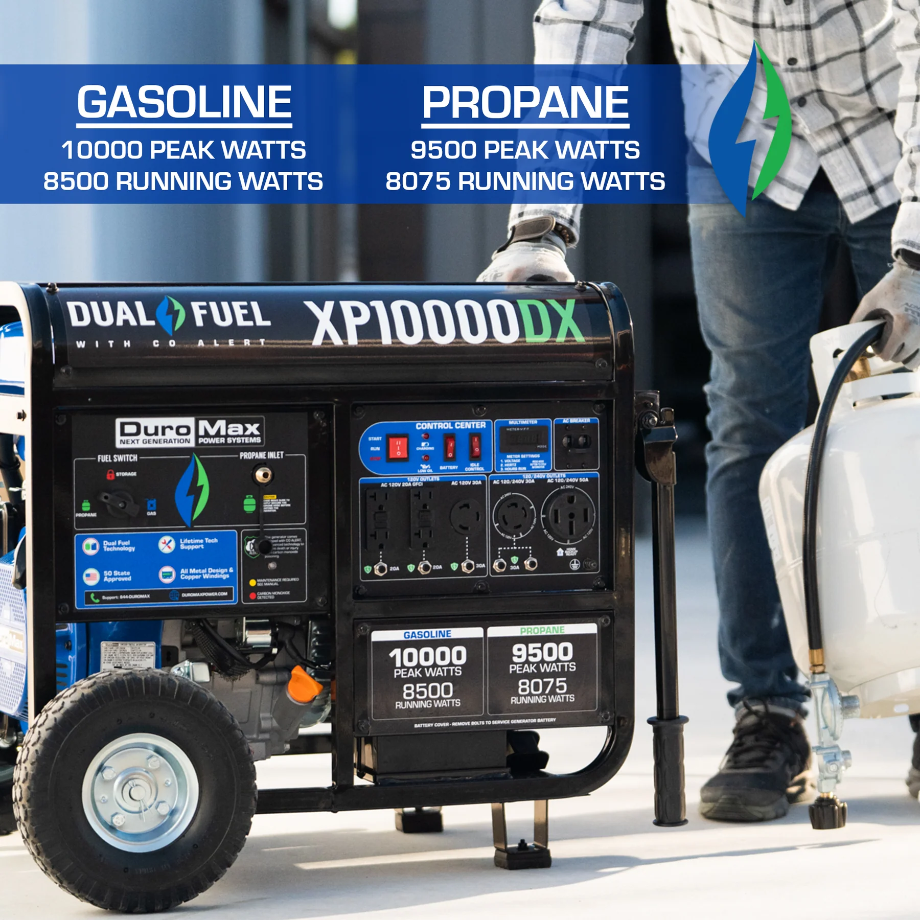 DuroMax XP10000DX 8500W/10000W Dual Fuel Portable Generator - Gas & Propane Powered with Electric Start & CO Alert - Perfect for Home Backup Power, Camping & Emergency Use