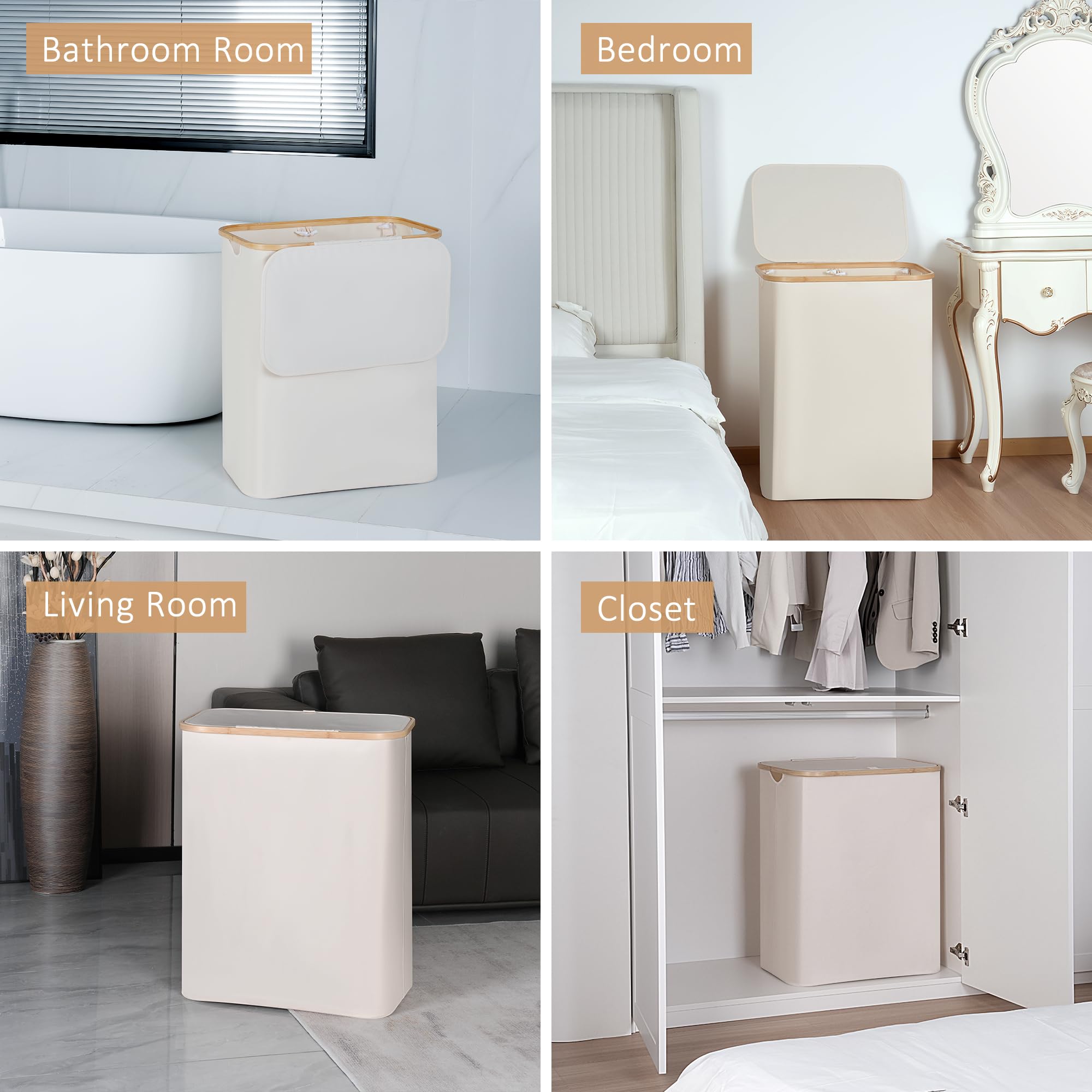 150L Large Laundry Basket with Lid & Bamboo Handle - Collapsible Clothes Hamper Organizer with Removable Inner Bag for Laundry, Toys, Towels Storage - Perfect for Bedroom, Bathroom & Nursery - Beige