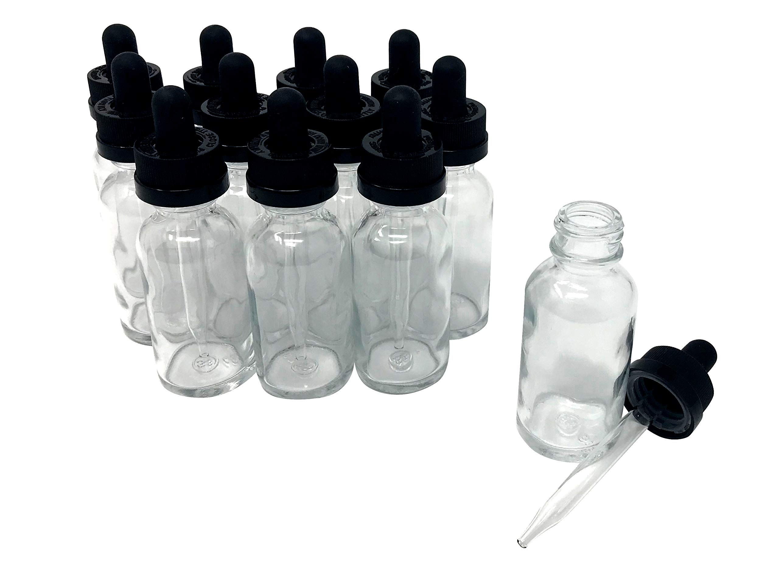 1 Oz (30 mL) Clear Glass Bottles with Child Resistant Cap & Eye Droppers - 12 Pack | Essential Oil Storage, CBD Tinctures, DIY Beauty Products, Travel Containers