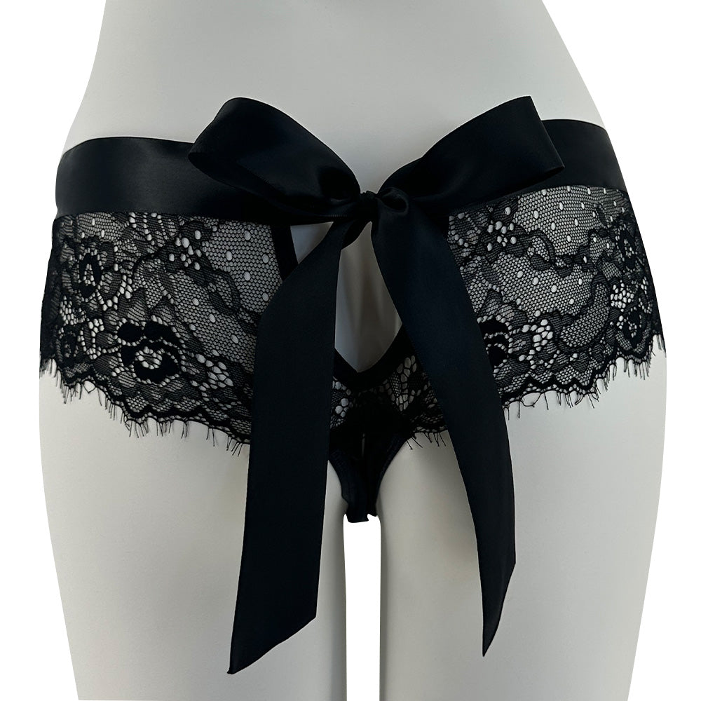Sexy Crotchless Sheer Lace Thong Panties with Ribbon Bow Tie - Perfect for Lingerie, Role Play & Romantic Nights