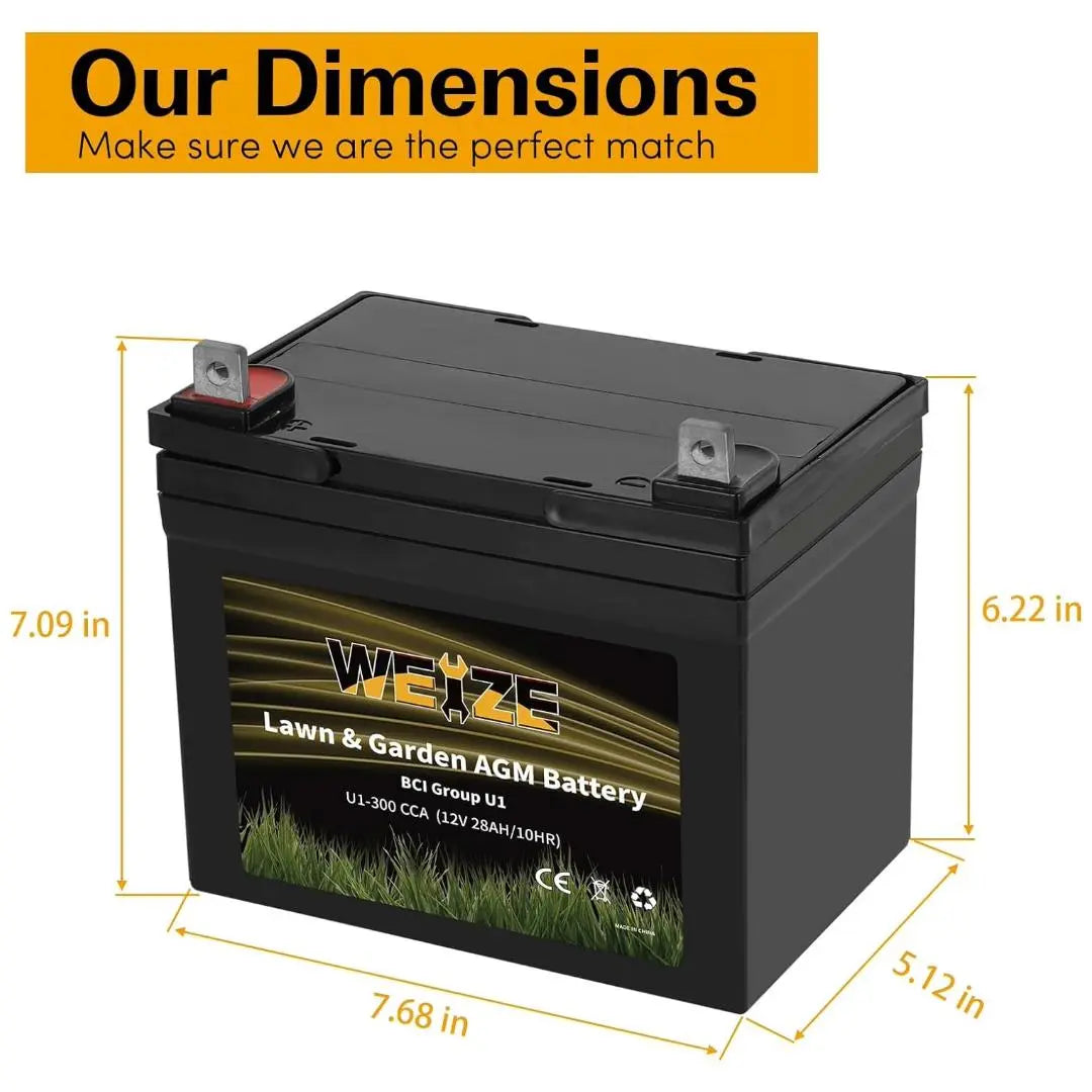 WEIZE AGM 12V 300CCA BCI Group U1 SLA Starting Battery - Compatible with John Deere, Toro, Cub Cadet & Craftsman Lawn Tractors & Mowers | Durable Power for Lawn Care, Gardening & Outdoor Equipment