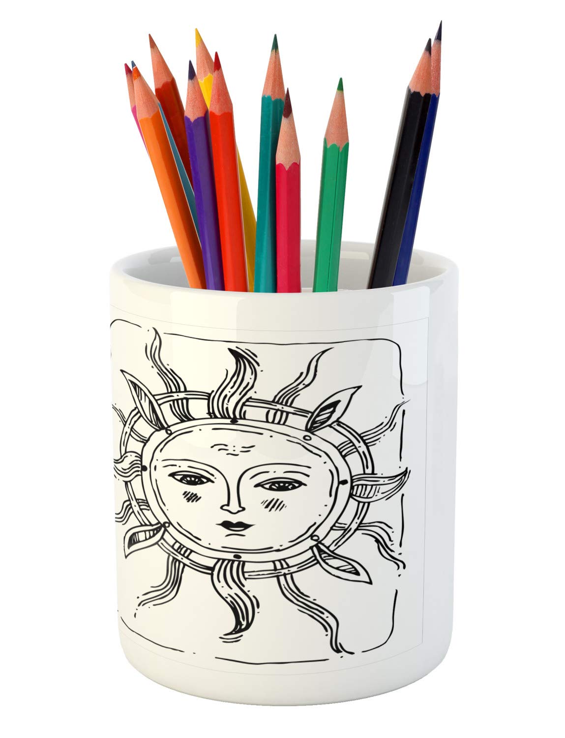 Celestial Sun and Moon Ceramic Pen Holder – Anthropomorphic Face Design for Desk & Office Organization | White & Black Pencil Cup for Artists, Writers & Students