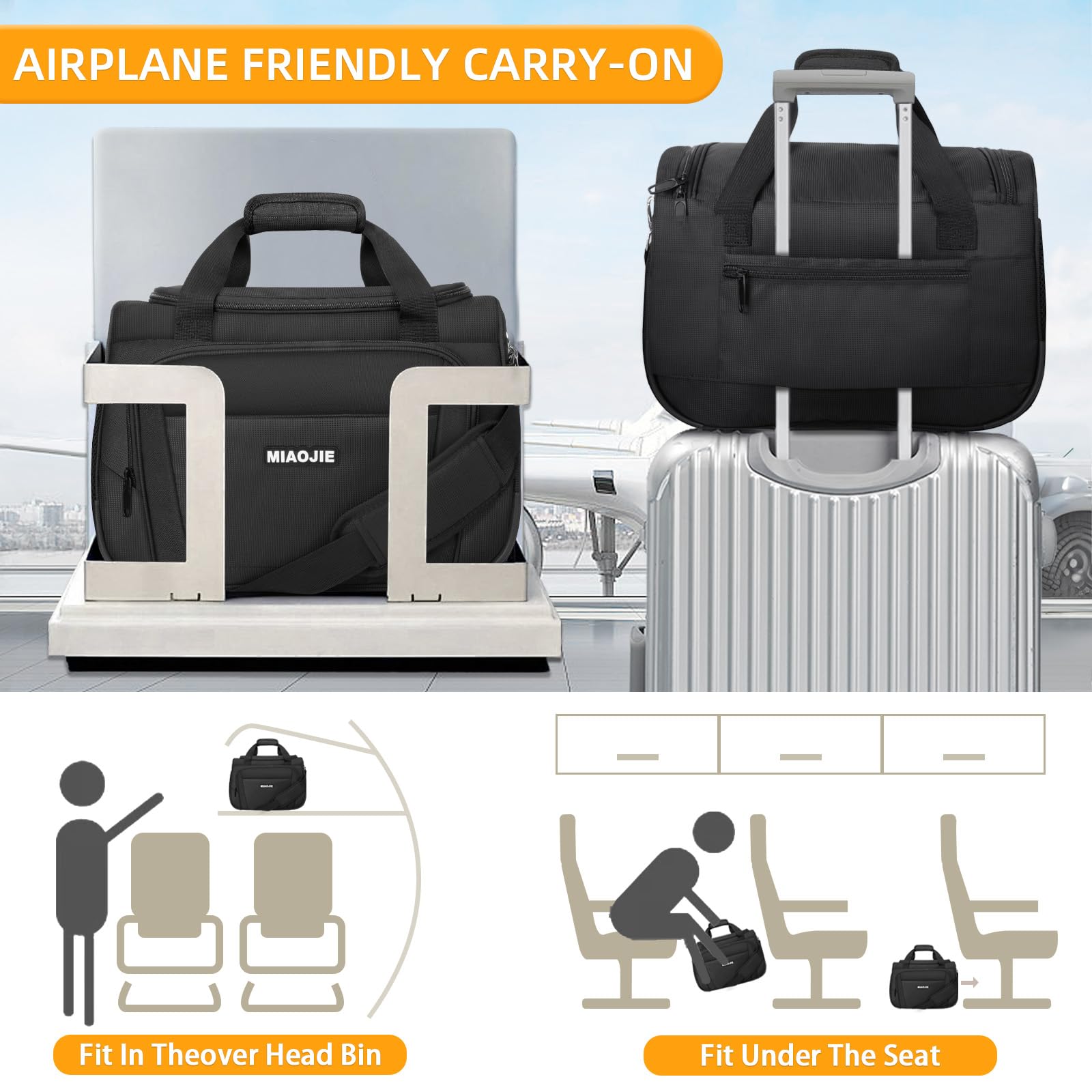 Lightweight Underseat Carry On Luggage - 16Inch Travel Tote & Weekender Duffle Bag for Overnight Trips - Perfect Personal Item for Airplane Travel (Black) - Ideal for Business Trips, Weekend Getaways & Commuting