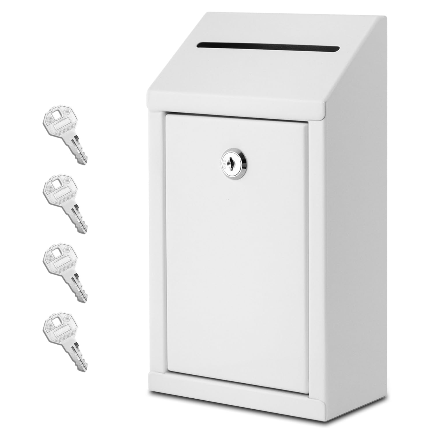 Secure Metal Donation Box with Lock - Wall Mounted Suggestion & Cash Drop Box (4 Iron Keys Included) - White - Ideal for Churches, Schools & Retail Stores (1-Pack)