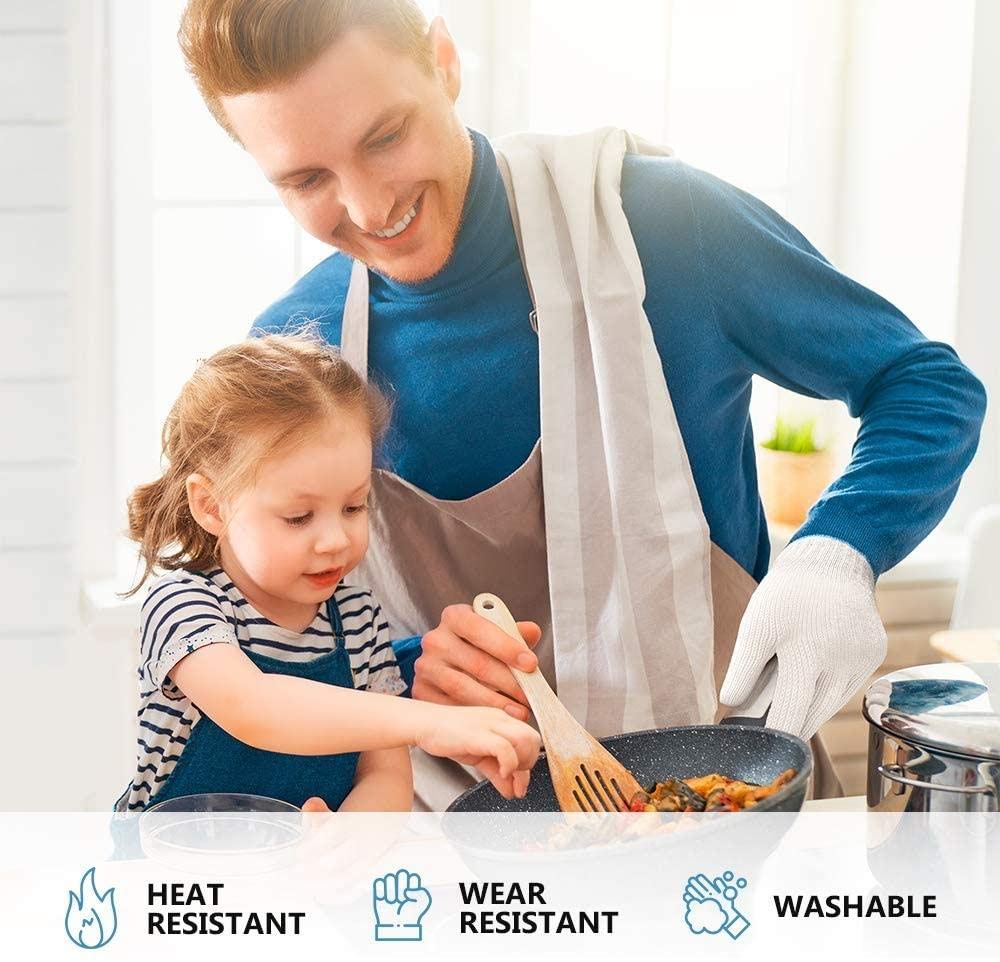 Heat Resistant Oven Gloves - 3 Pairs Cotton Kitchen Mitts with Fingers, Pot Holders for Baking, Grilling & Cooking - Perfect for BBQ, Baking Bread & Handling Hot Pans