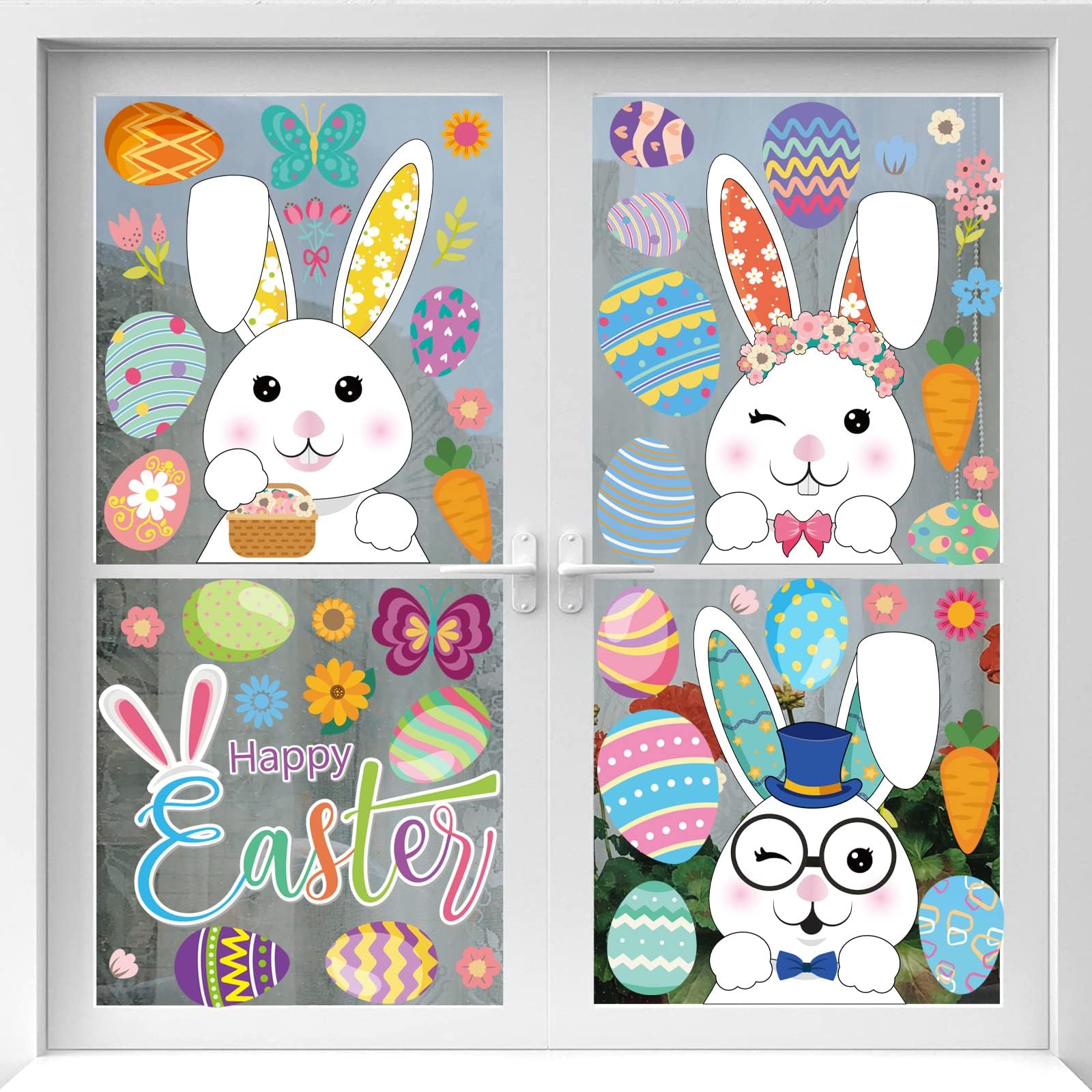 Easter Window Clings Decorations - 9 Sheets Bunny & Eggs Stickers for Home, Office, Classroom - Easter Door & Window Decals - Spring Holiday Party Decor (FHJ24003) - Perfect for Easter Egg Hunts, Classroom Activities & Home Decorating