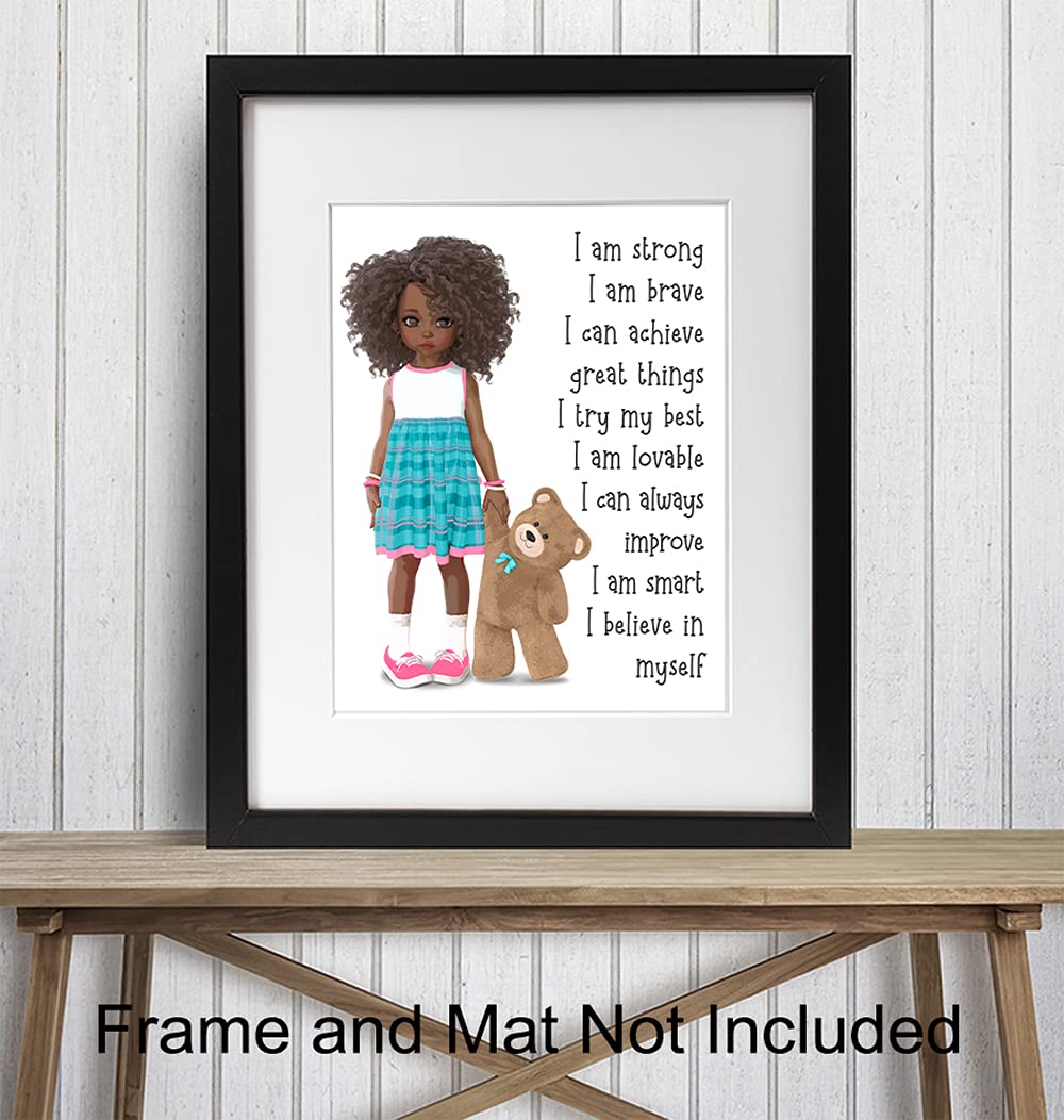 African American Girl Positive Affirmations Wall Art - Inspirational Black Art Decor for Little Girls Bedroom - Motivational Quotes for Toddler Room & Nursery - Perfect for Wall Decor, Gifts & Empowerment