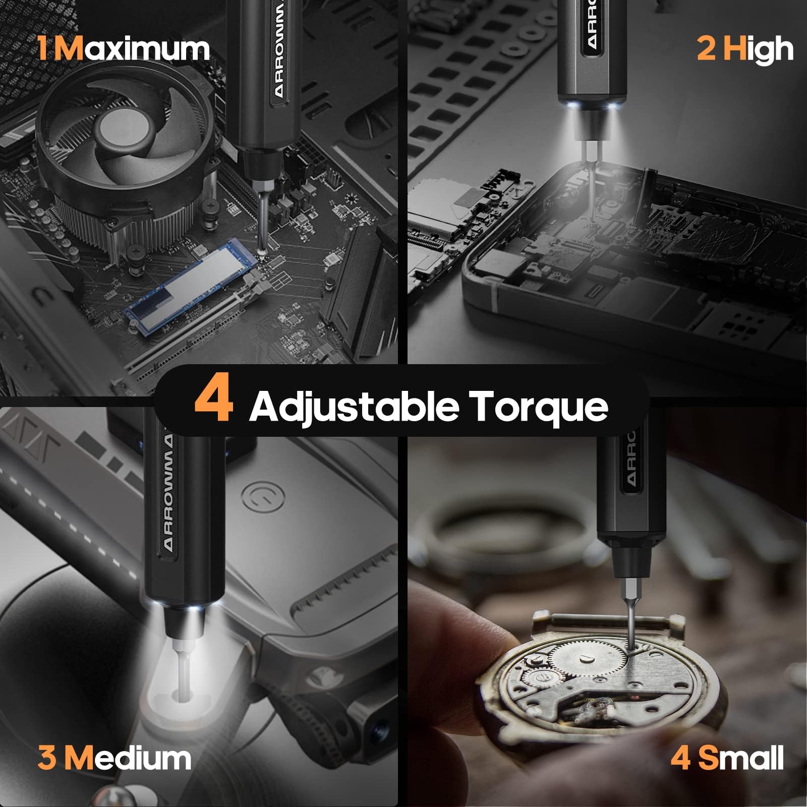 AM ARROWMAX Rechargeable Cordless Electric Screwdriver Set - 34 Magnetic Bits, 4 Torque Settings, Red Dot Award-Winning Design - Perfect for Phone Repair, Laptop Maintenance & Camera Equipment (Black)