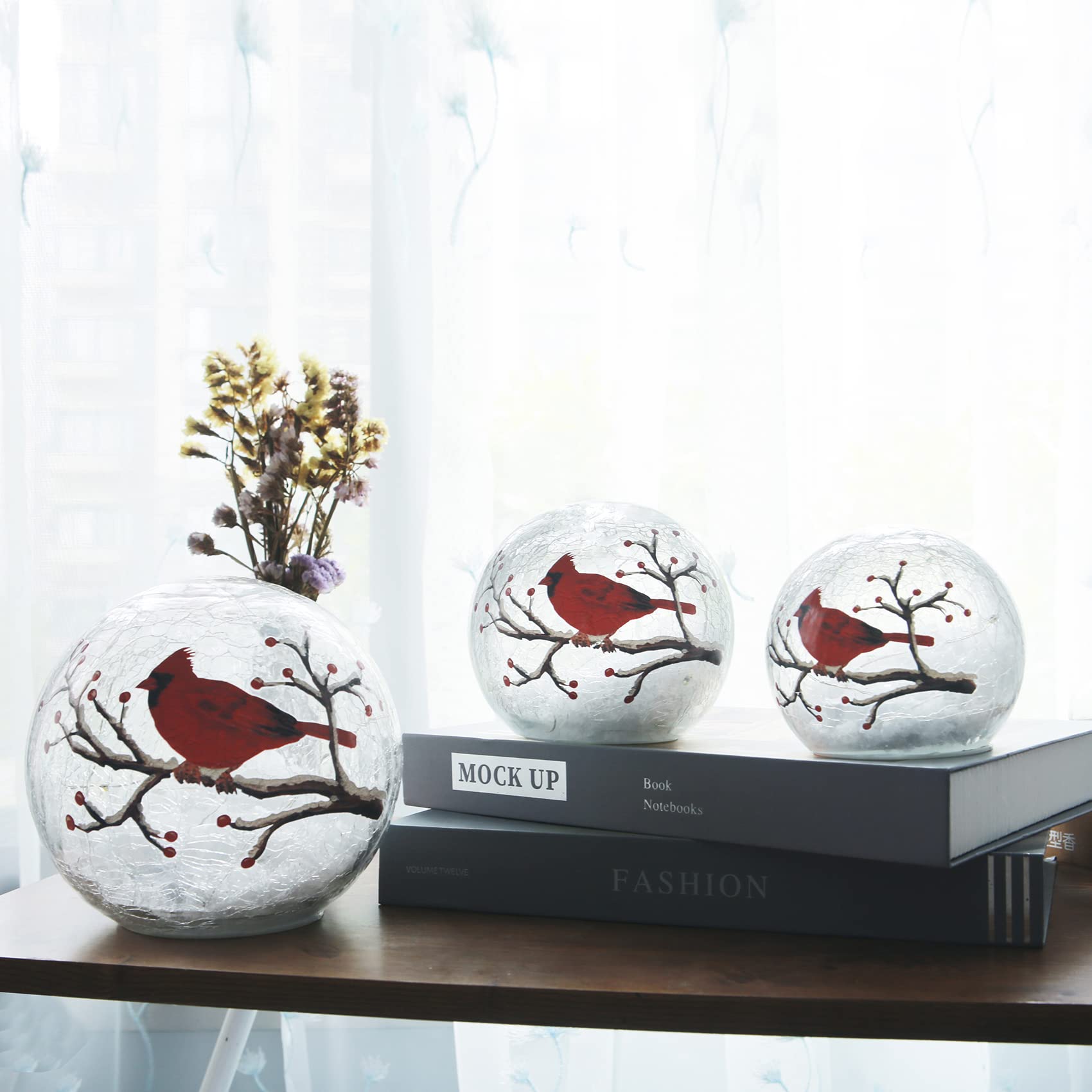 Red Cardinal Stained Glass Crackle Ball LED Desk Lamp - Large Christmas Decor Accent Light for Home, Office & Holiday Decorations | Perfect for Mantel, Table Centerpiece & Seasonal Display