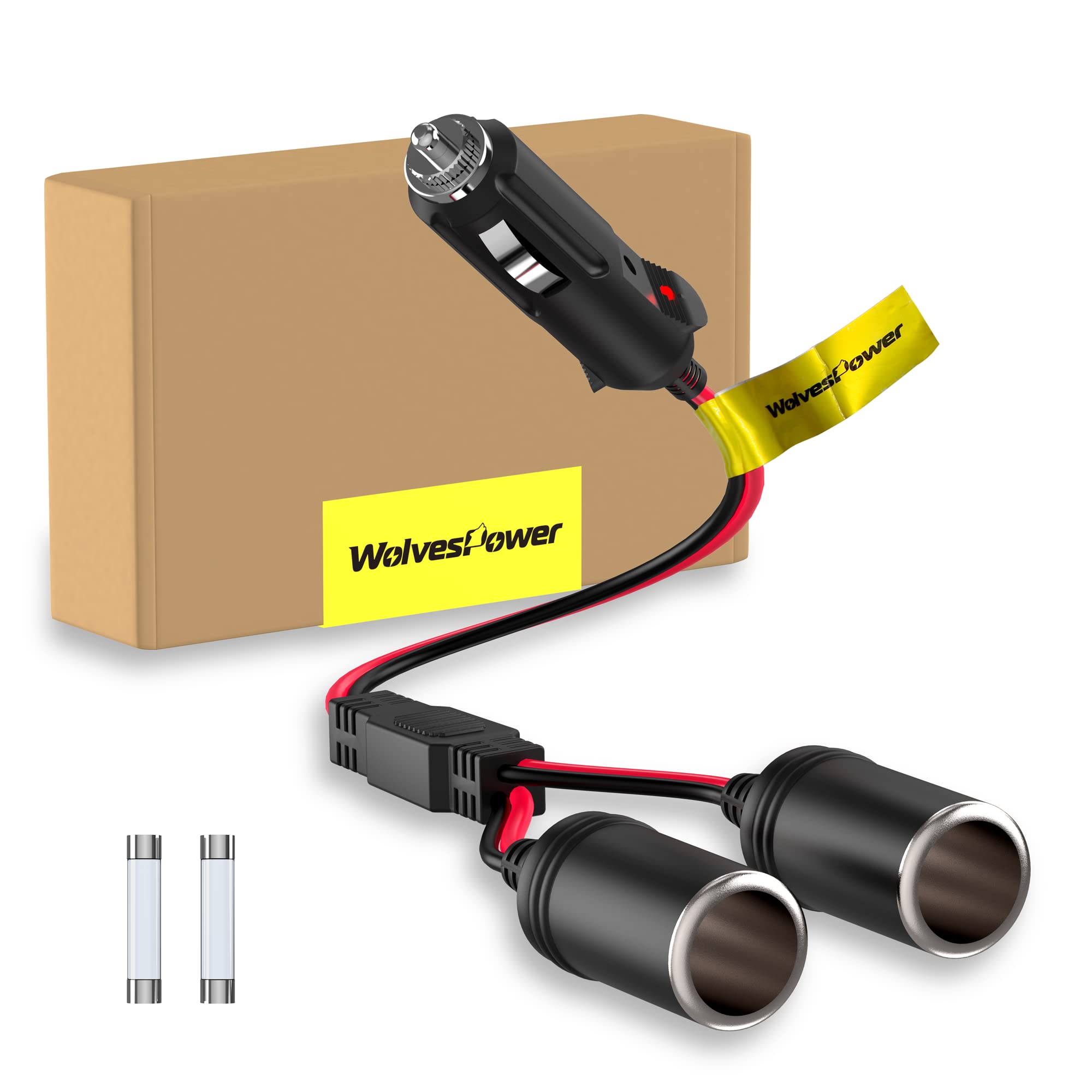 WolvesPower 12V/24V Dual Cigarette Lighter Splitter - 1FT Extension Cord with 14AWG Wire & 15A Fuse - Male to 2 Female Car Power Adapter Sockets for Road Trips, Camping & Charging Devices